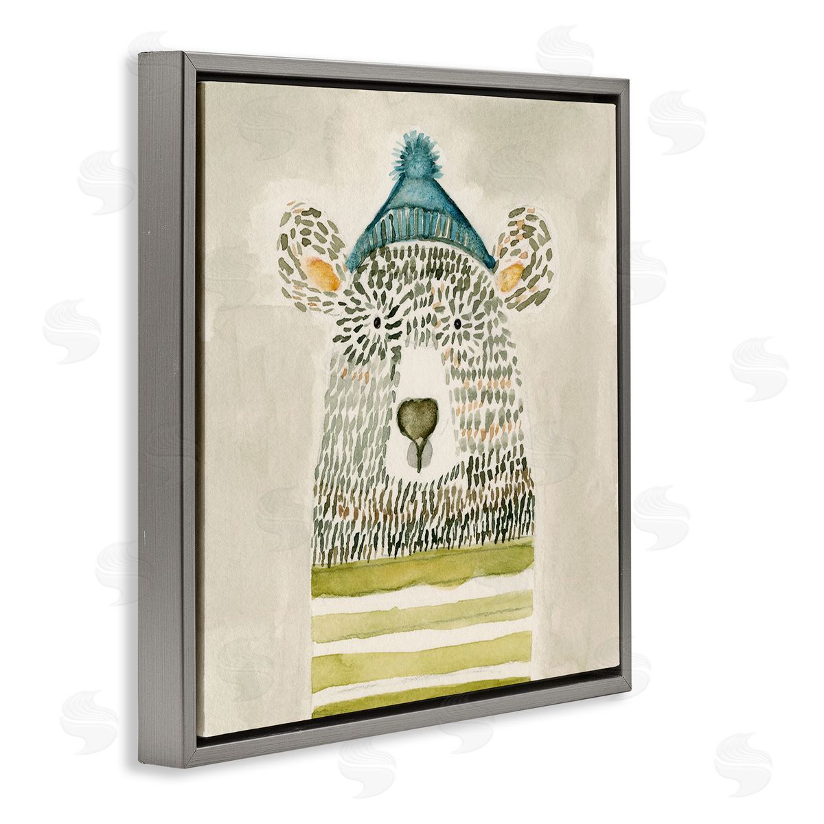 Natalie Timbrook Hipster Bear with Striped Shirt Blue Beanie Gray Floating Frame Canvas Wall Art Print