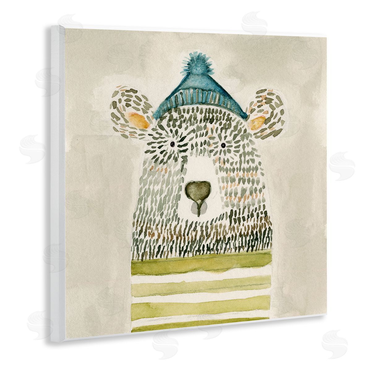 Natalie Timbrook Hipster Bear with Striped Shirt Blue Beanie Wooden Wall Plaque Art Print