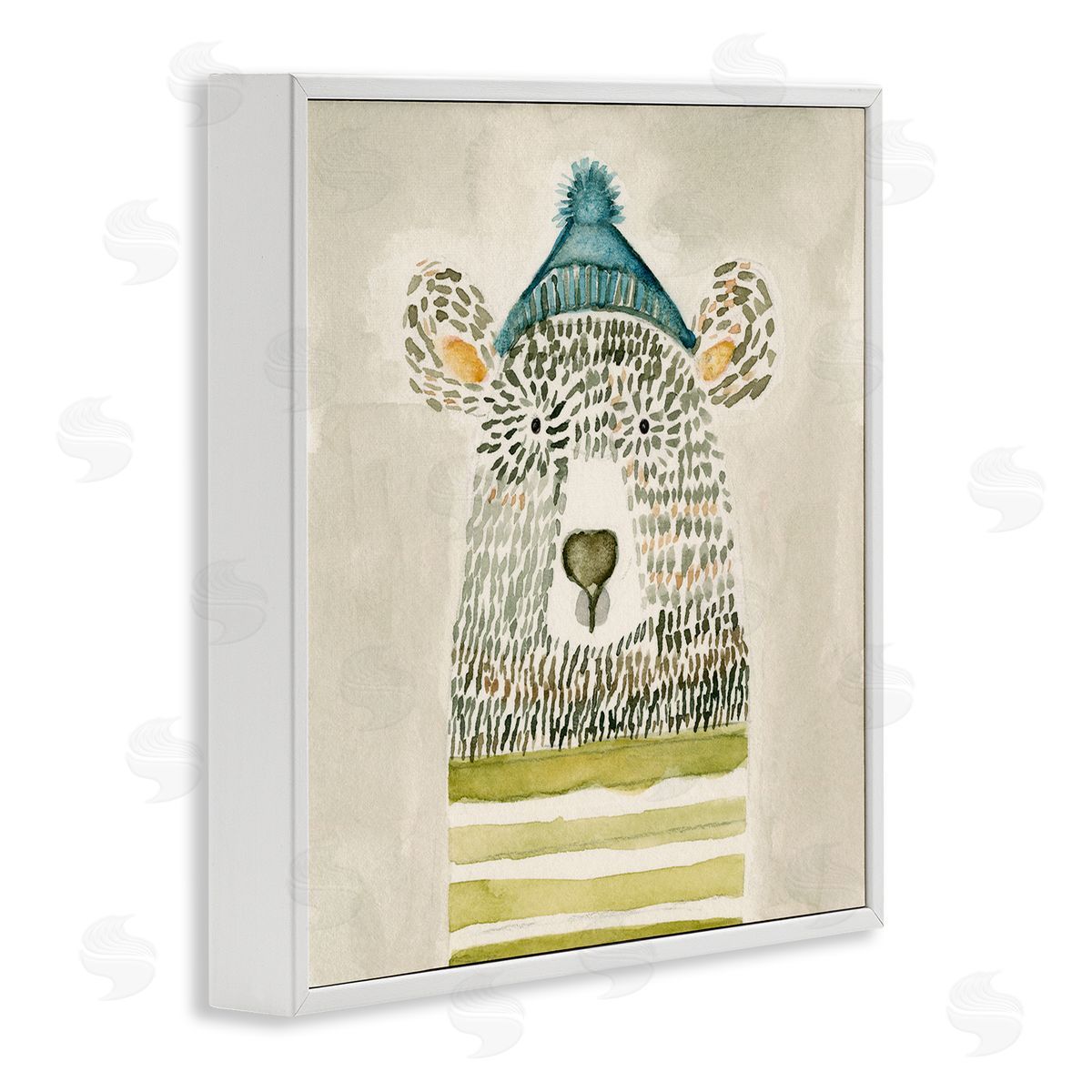 Natalie Timbrook Hipster Bear with Striped Shirt Blue Beanie White Framed Glicee Wall Art Print