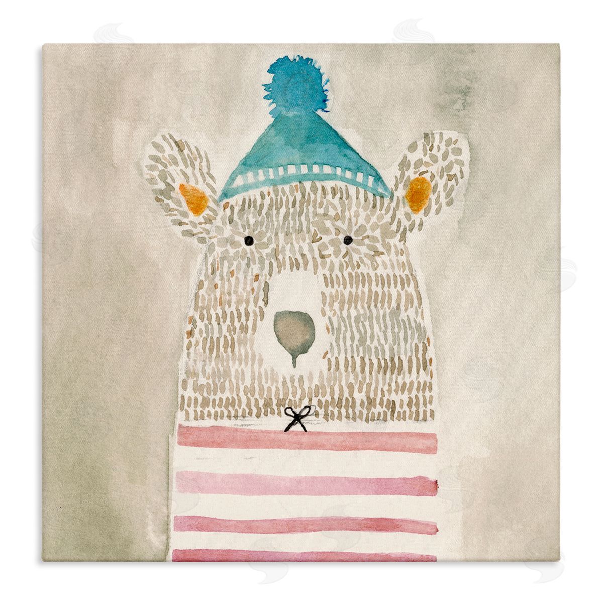 Natalie Timbrook Playful Bear Portrait Hipster Beanie Red Stripes Stretched Canvas Wall Art Print