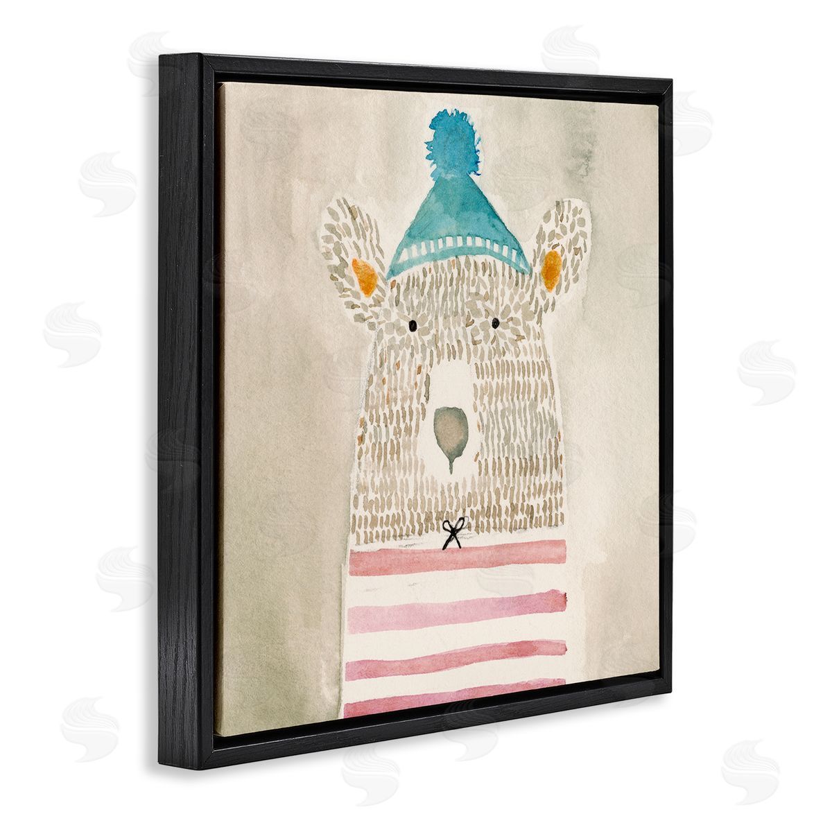 Natalie Timbrook Playful Bear Portrait Hipster Beanie Red Stripes Black Floating Frame Canvas Wall Art Print