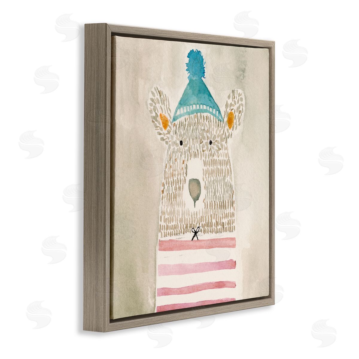 Natalie Timbrook Playful Bear Portrait Hipster Beanie Red Stripes Brown Floating Frame Canvas Wall Art Print