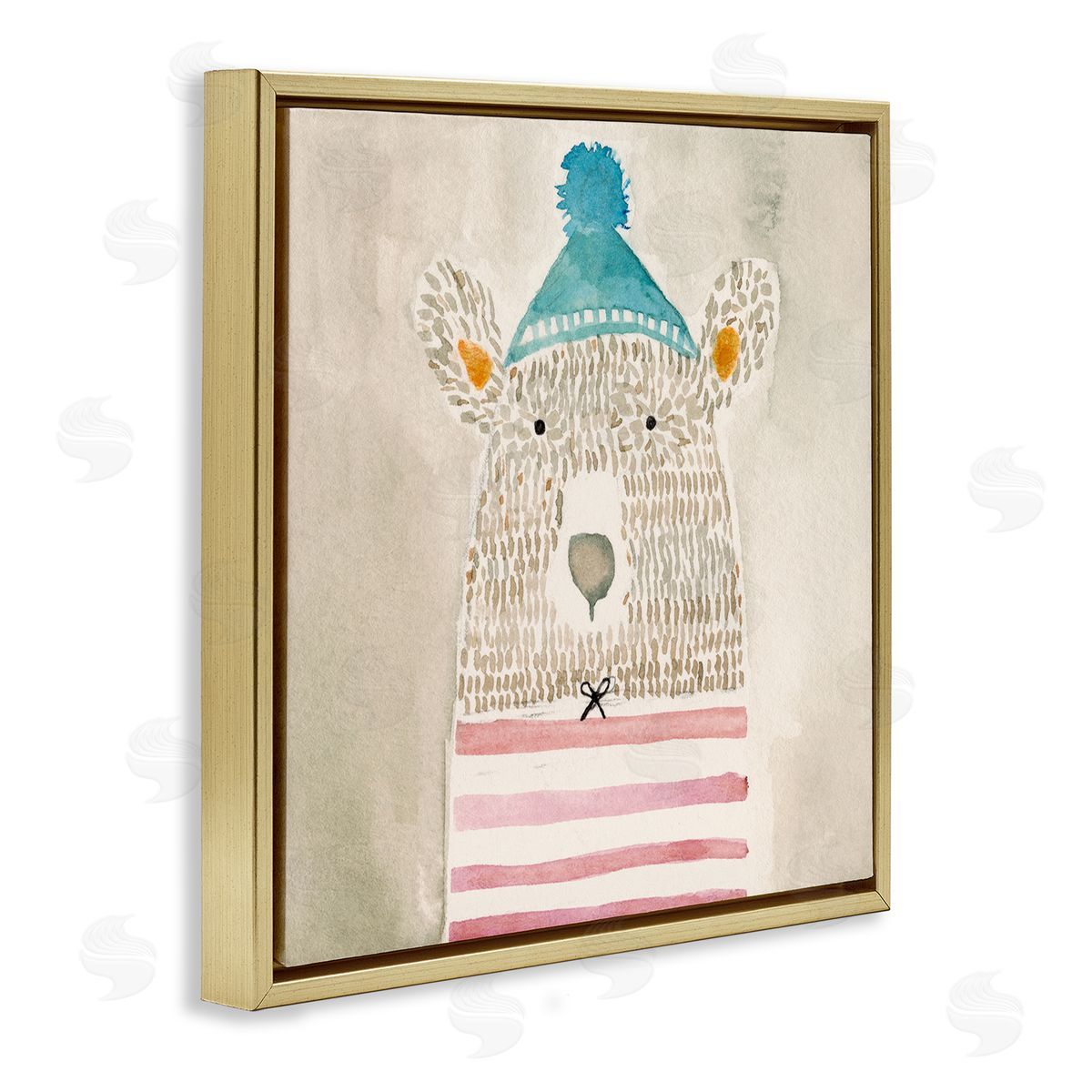 Natalie Timbrook Playful Bear Portrait Hipster Beanie Red Stripes Gold Floating Frame Canvas Wall Art Print