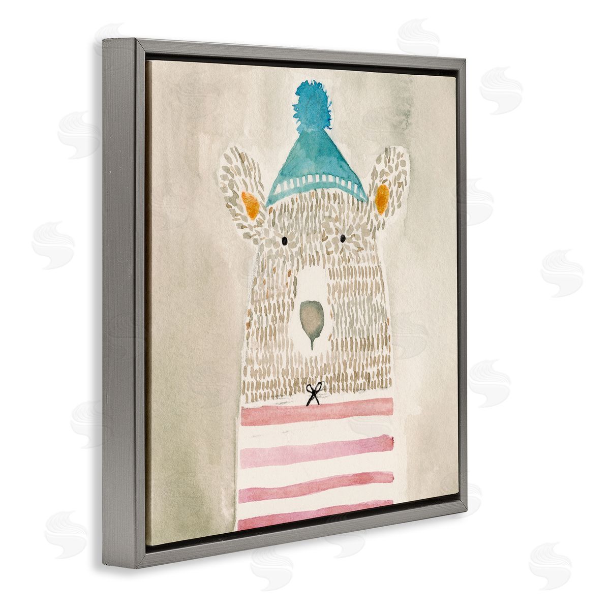 Natalie Timbrook Playful Bear Portrait Hipster Beanie Red Stripes Gray Floating Frame Canvas Wall Art Print