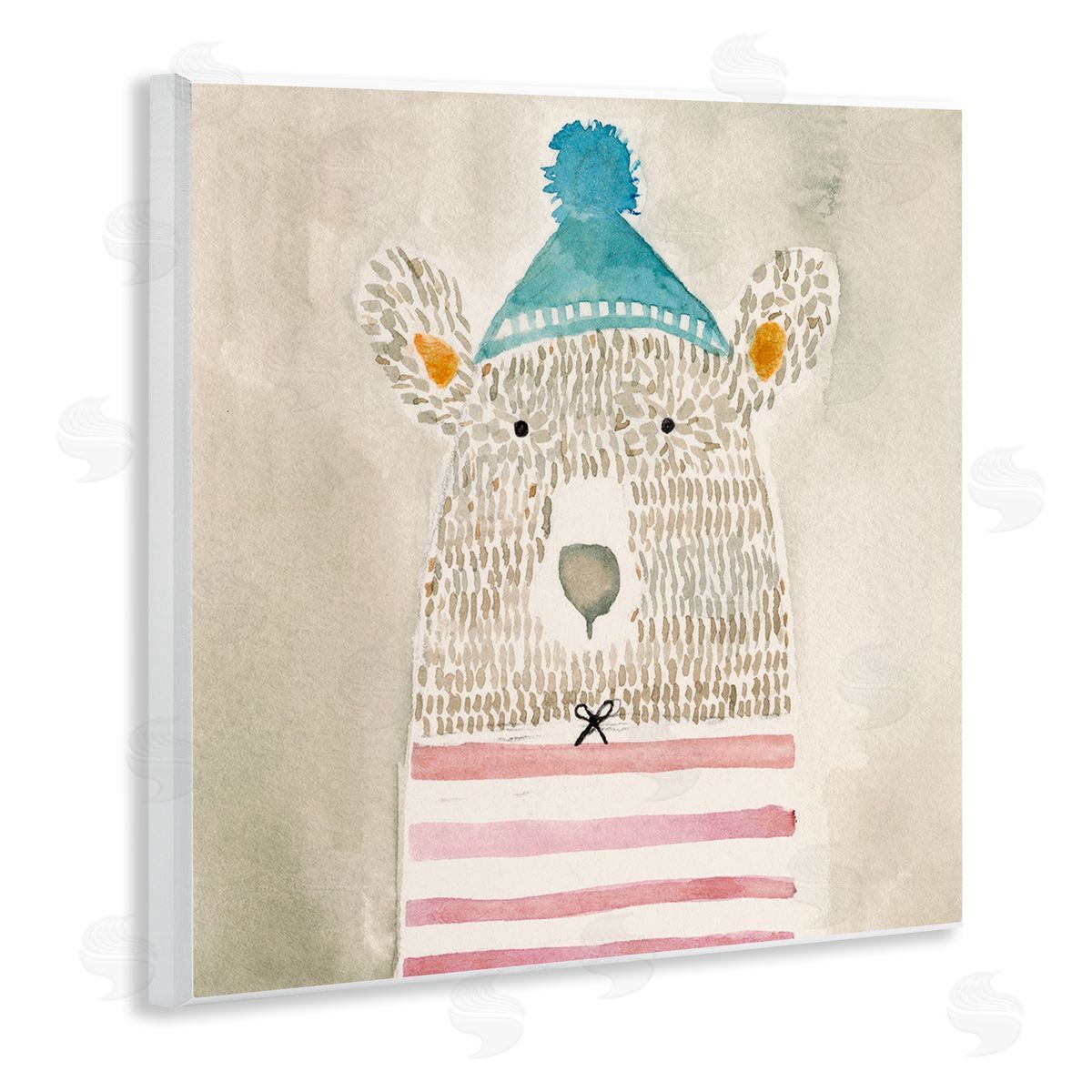 Natalie Timbrook Playful Bear Portrait Hipster Beanie Red Stripes Wooden Wall Plaque Art Print