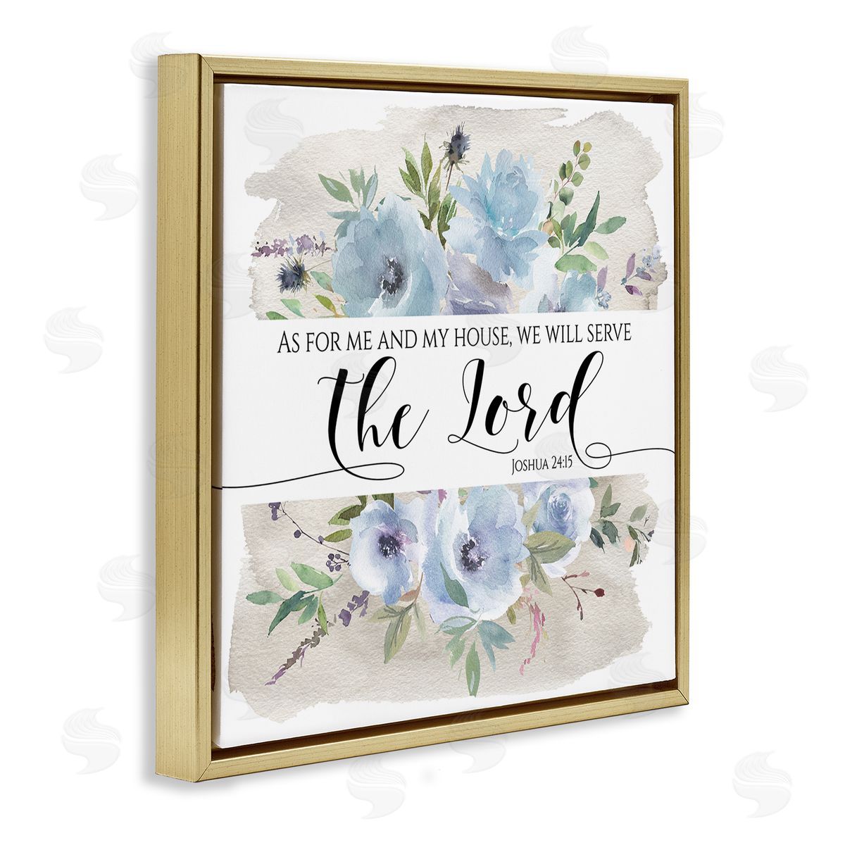 Tara Moss Will Serve the Lord Joshua 24:15 Blue Florals Gold Floating Frame Canvas Wall Art Print