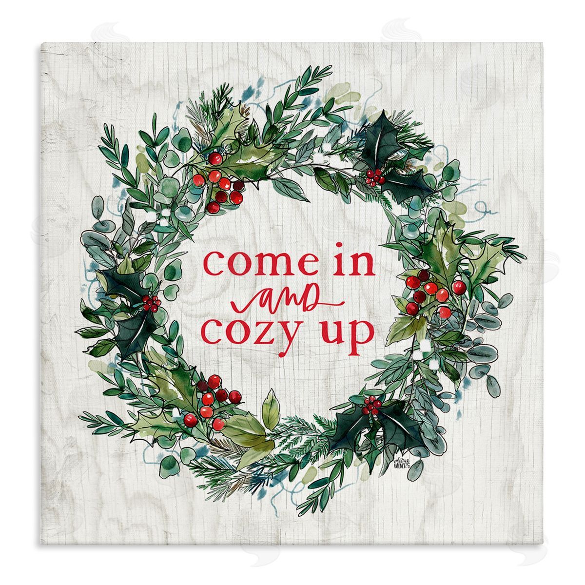 Valerie Wieners Come In and Cozy Up Winter Red Holly Stretched Canvas Wall Art Print