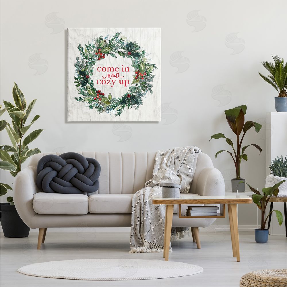 Valerie Wieners Come In and Cozy Up Winter Red Holly Canvas Wall Art in Room