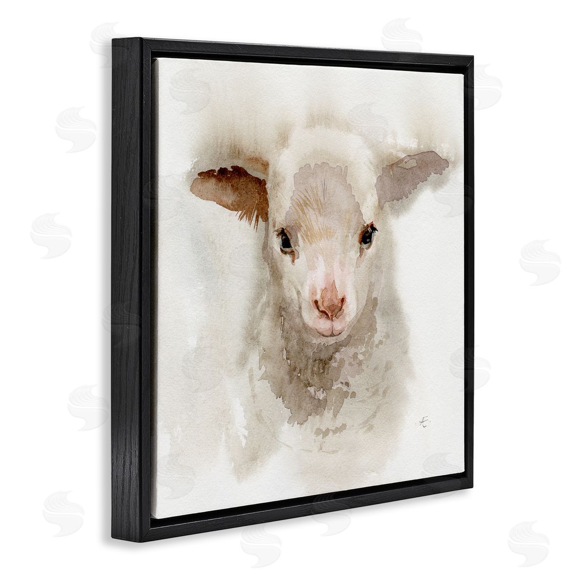 Verbrugge Watercolor Baby Lamb Farm Portrait Minimal Shaggy Animal Black Floating Frame Canvas Wall Art Print