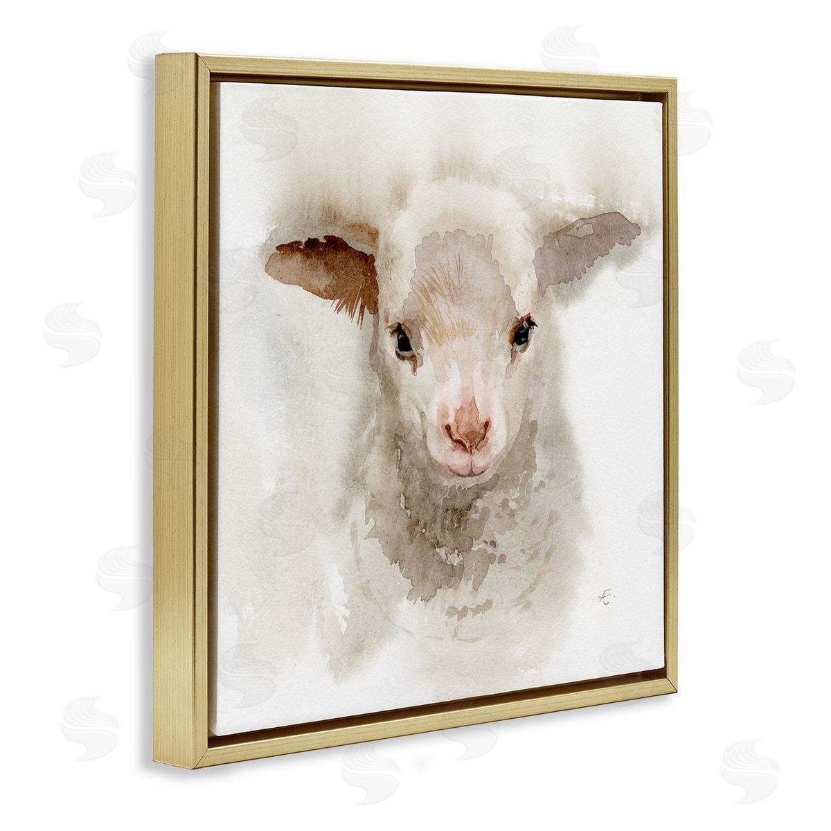 Verbrugge Watercolor Baby Lamb Farm Portrait Minimal Shaggy Animal Gold Floating Frame Canvas Wall Art Print