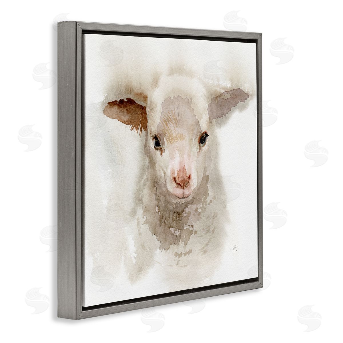 Verbrugge Watercolor Baby Lamb Farm Portrait Minimal Shaggy Animal Gray Floating Frame Canvas Wall Art Print