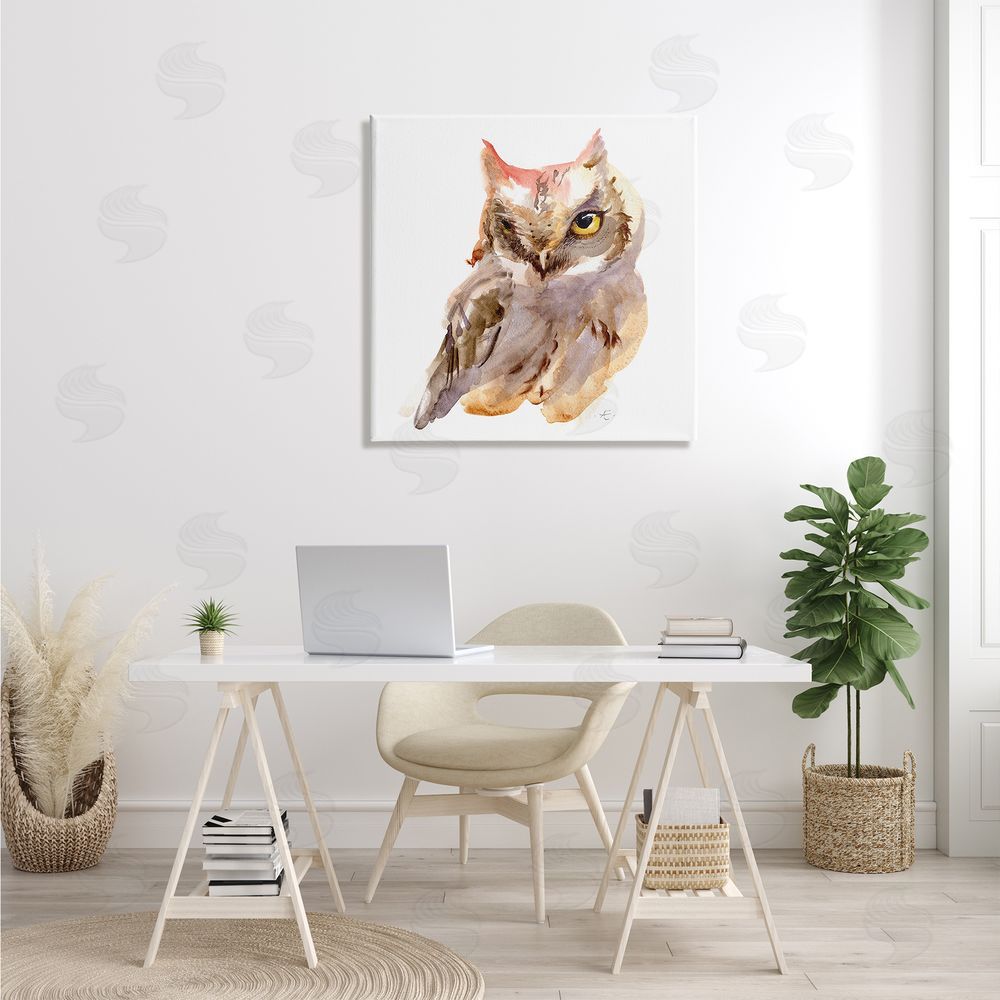 Verbrugge Watercolor Brown Horned Owl Eye Wink Minimal Bird Canvas Wall Art in Room