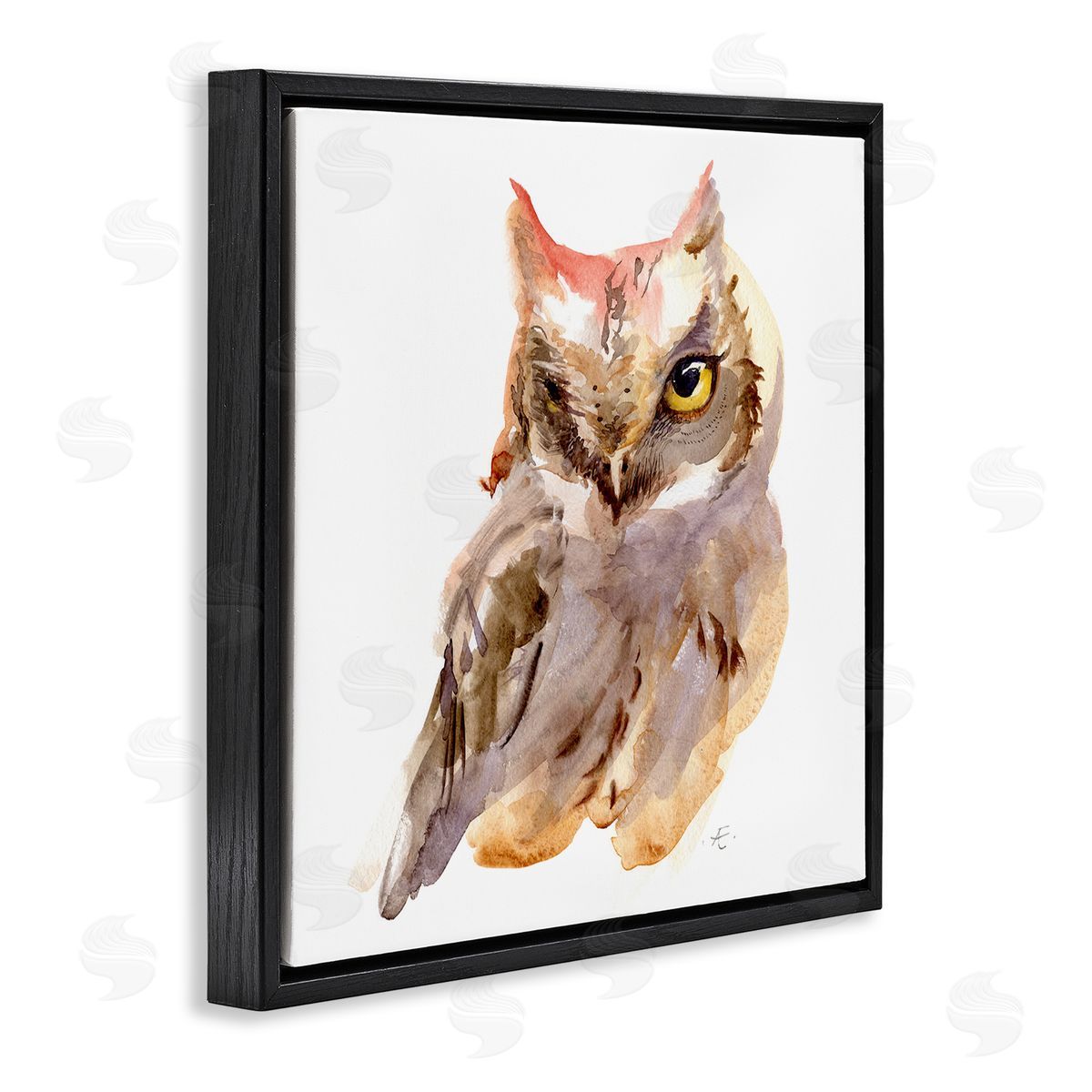 Verbrugge Watercolor Brown Horned Owl Eye Wink Minimal Bird Black Floating Frame Canvas Wall Art Print