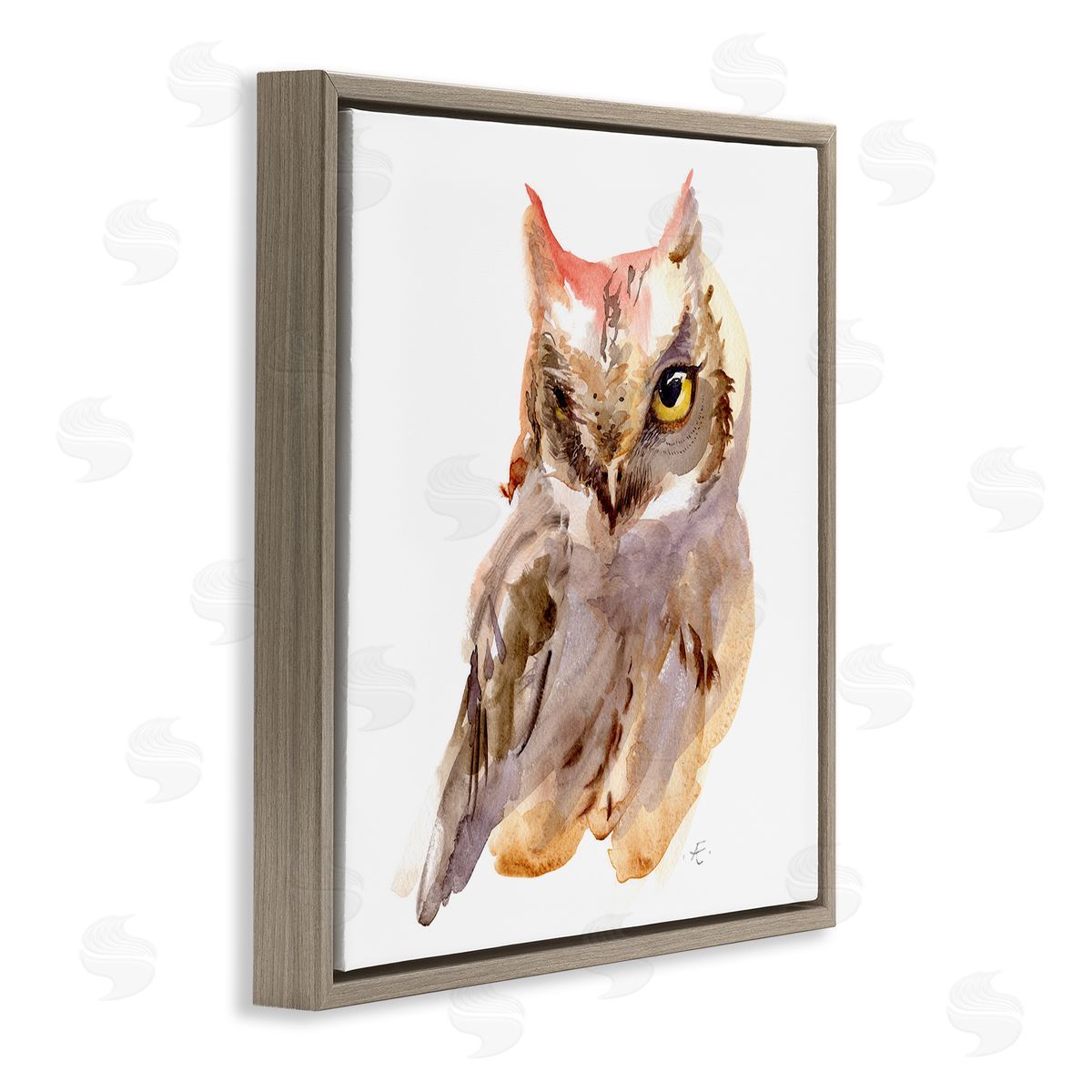 Verbrugge Watercolor Brown Horned Owl Eye Wink Minimal Bird Brown Floating Frame Canvas Wall Art Print