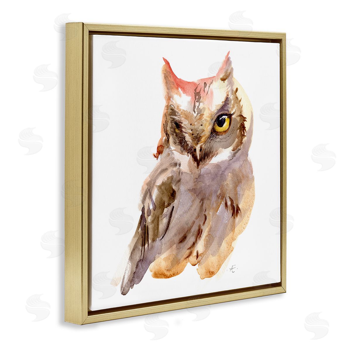 Verbrugge Watercolor Brown Horned Owl Eye Wink Minimal Bird Gold Floating Frame Canvas Wall Art Print