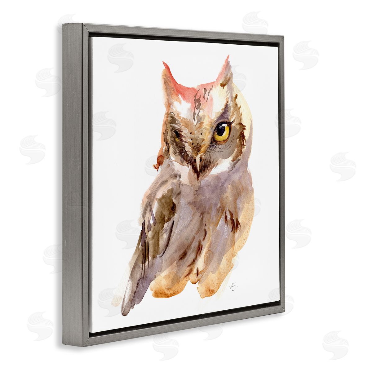 Verbrugge Watercolor Brown Horned Owl Eye Wink Minimal Bird Gray Floating Frame Canvas Wall Art Print