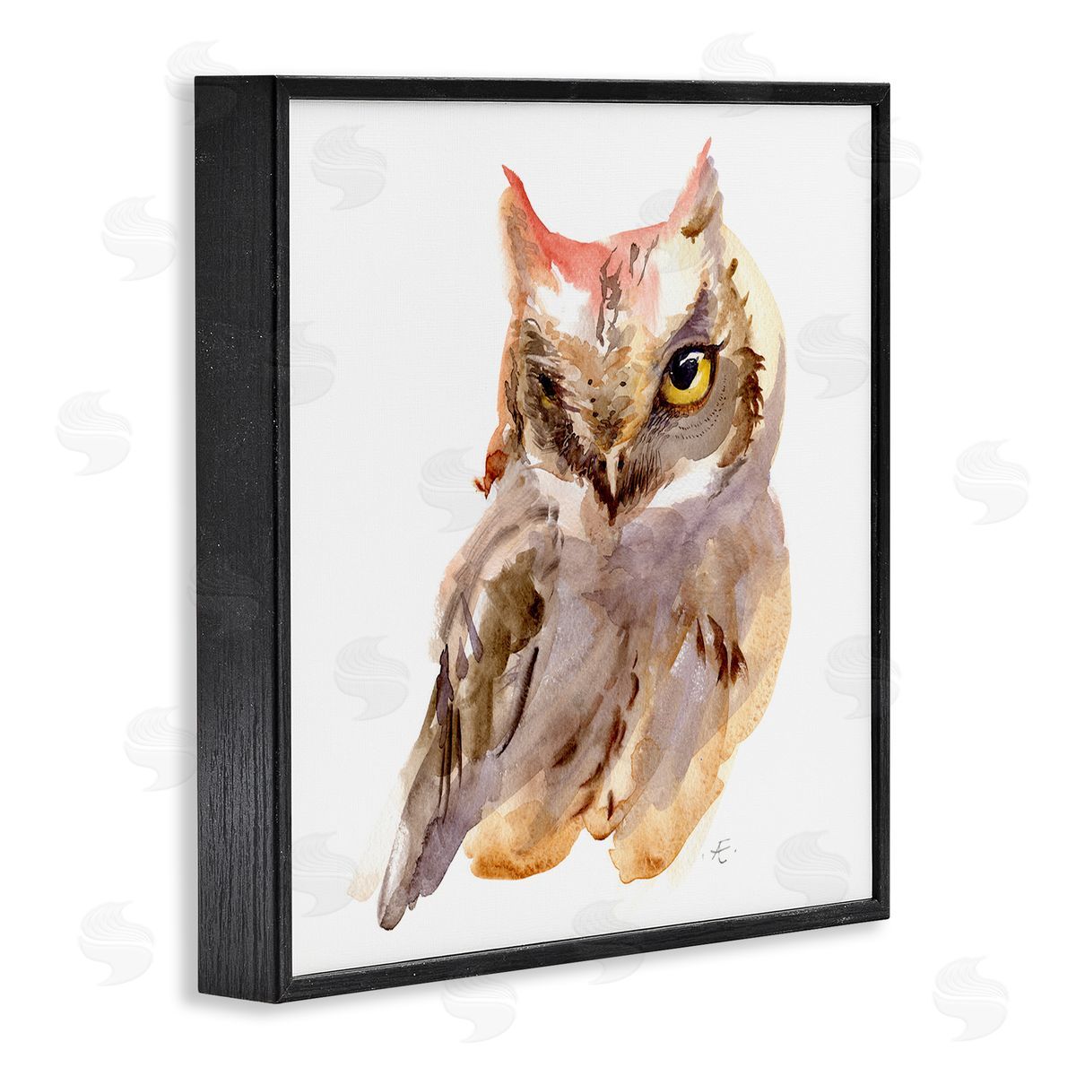 Verbrugge Watercolor Brown Horned Owl Eye Wink Minimal Bird Black Framed Glicee Wall Art Print
