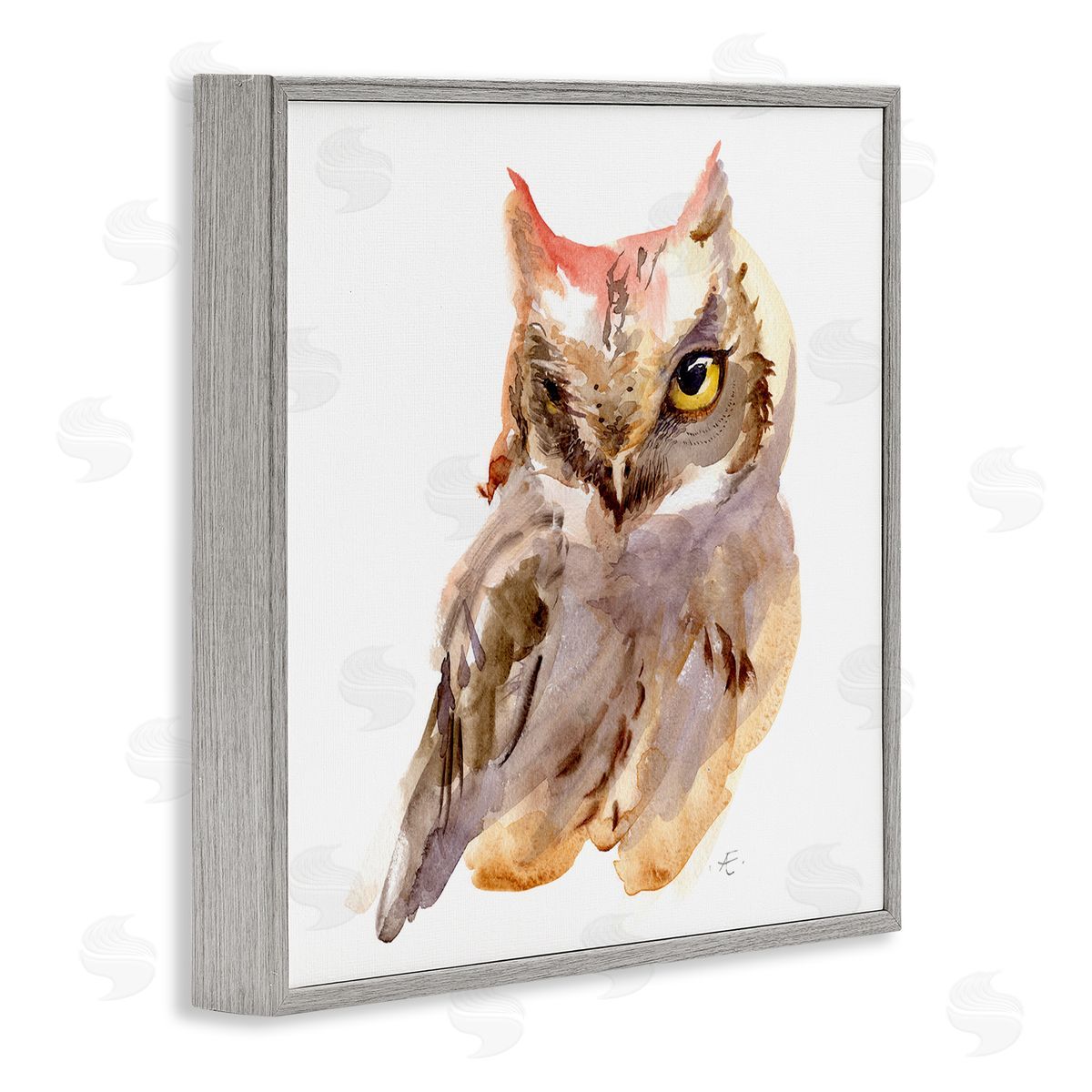 Verbrugge Watercolor Brown Horned Owl Eye Wink Minimal Bird Gray Framed Glicee Wall Art Print