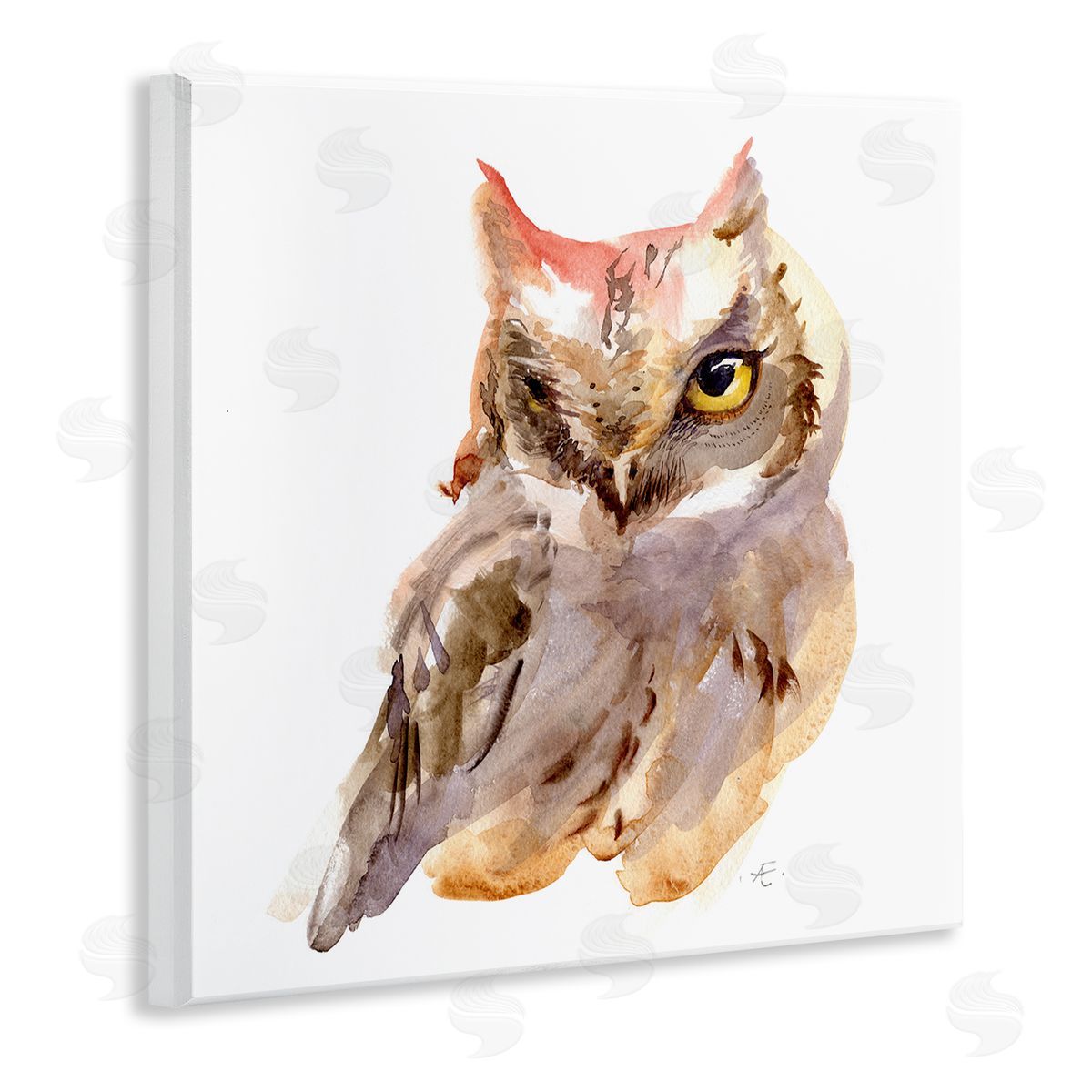 Verbrugge Watercolor Brown Horned Owl Eye Wink Minimal Bird Wooden Wall Plaque Art Print