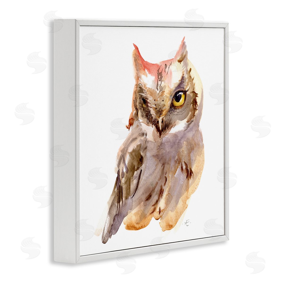 Verbrugge Watercolor Brown Horned Owl Eye Wink Minimal Bird White Framed Glicee Wall Art Print