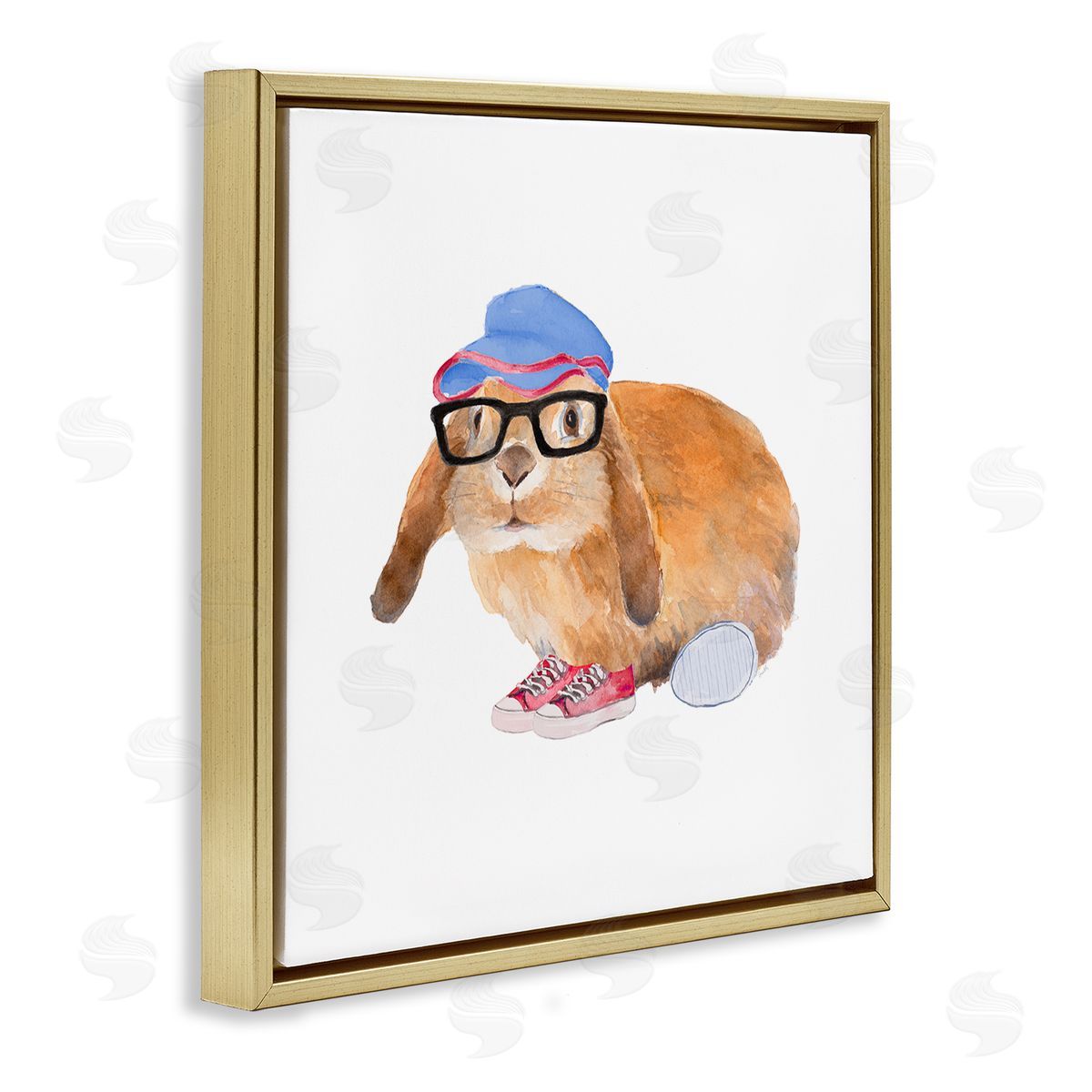 Lanie Loreth Baby Rabbit Glasses Blue Hat Playful Red Shoes Gold Floating Frame Canvas Wall Art Print