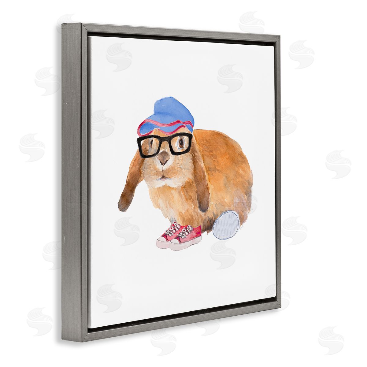 Lanie Loreth Baby Rabbit Glasses Blue Hat Playful Red Shoes Gray Floating Frame Canvas Wall Art Print