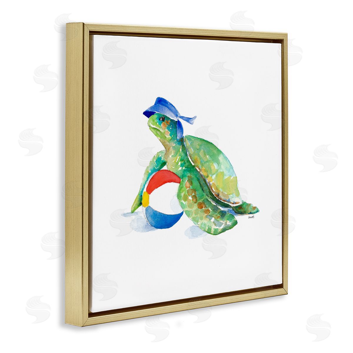 Lanie Loreth Ocean Tortoise Playful Beach Ball Aquatic Turtle Gold Floating Frame Canvas Wall Art Print