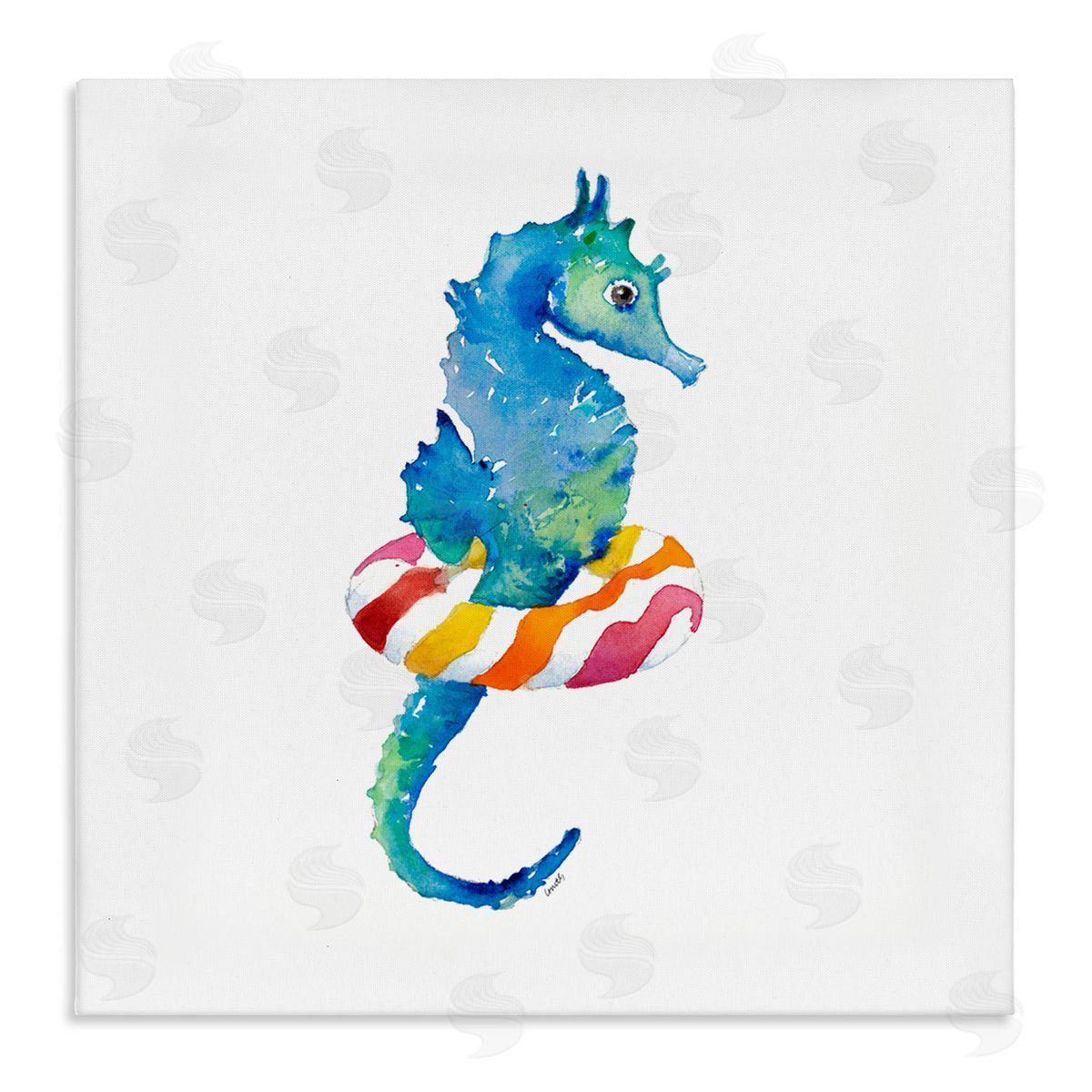 Lanie Loreth Blue Ombre Seahorse Red Stripe Ring Float Stretched Canvas Wall Art Print