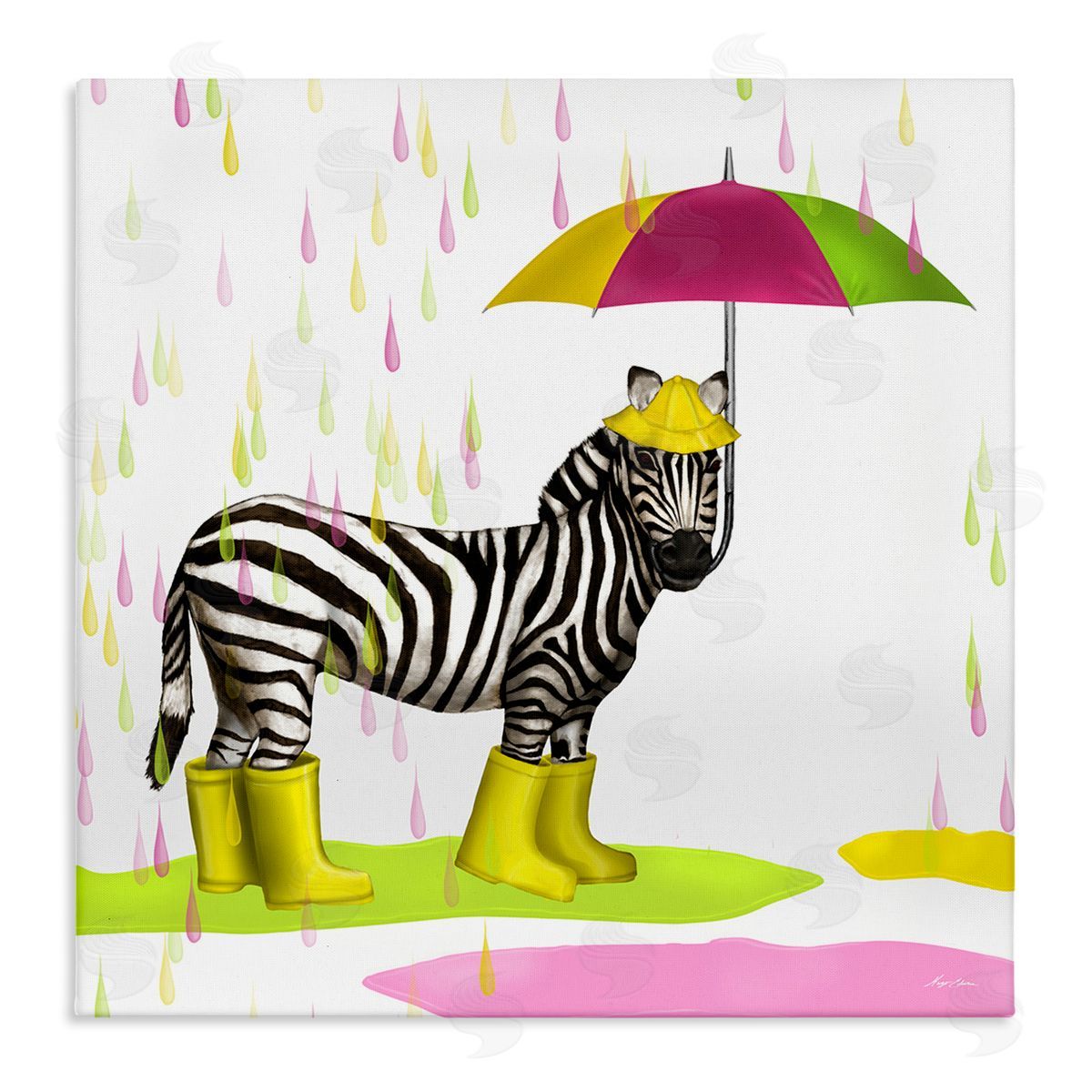Hugo Edwins Rainy Day Zebra Umbrella Pink Green Paint Rain Stretched Canvas Wall Art Print