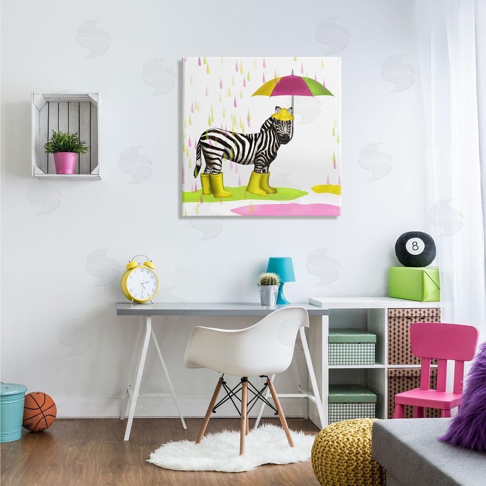 Hugo Edwins Rainy Day Zebra Umbrella Pink Green Paint Rain Canvas Wall Art in Room