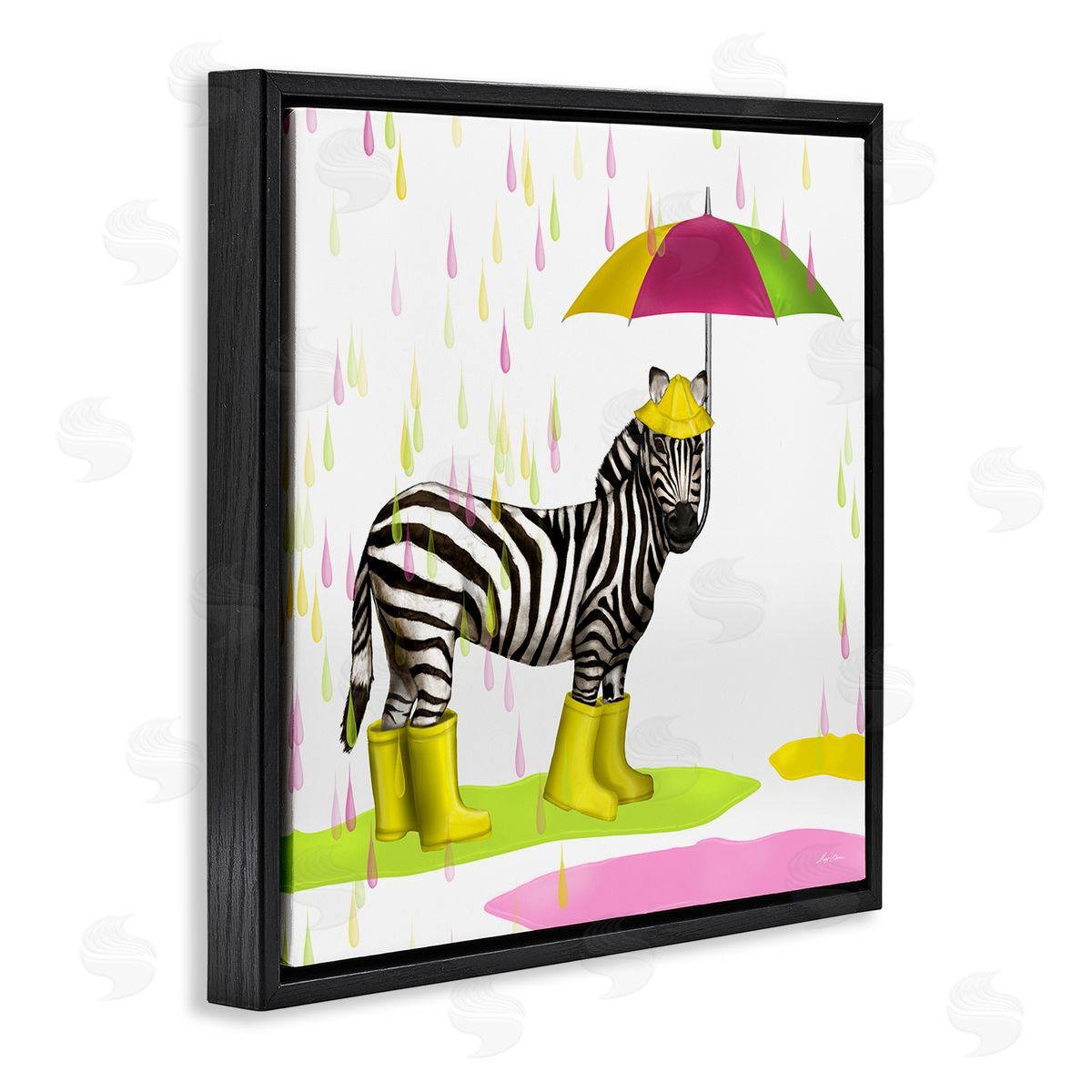 Hugo Edwins Rainy Day Zebra Umbrella Pink Green Paint Rain Black Floating Frame Canvas Wall Art Print