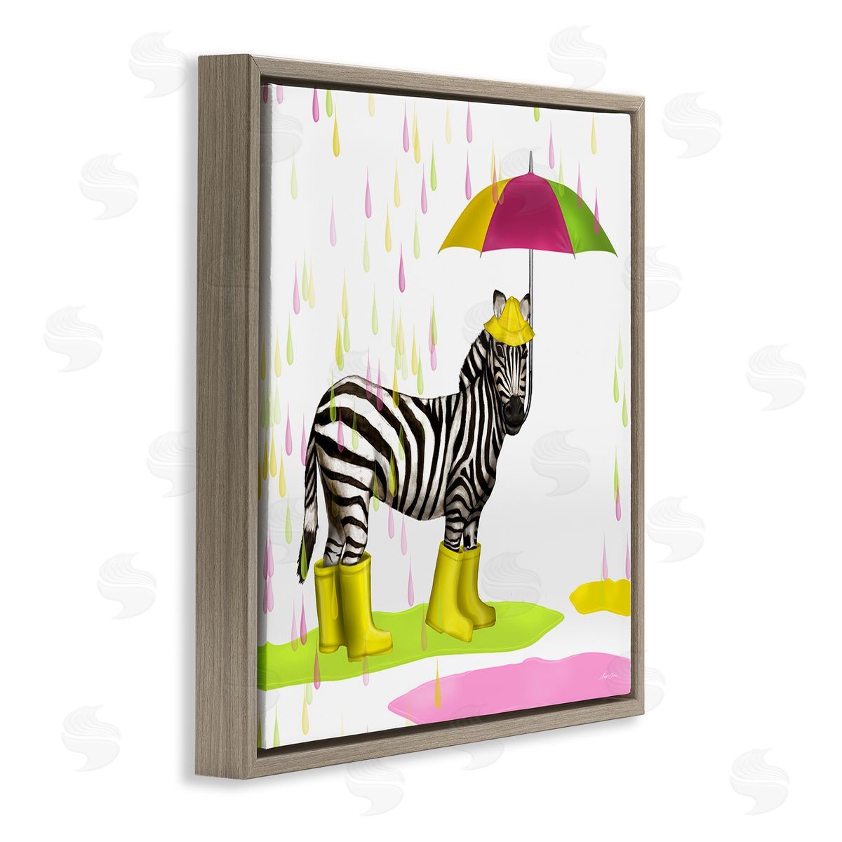 Hugo Edwins Rainy Day Zebra Umbrella Pink Green Paint Rain Brown Floating Frame Canvas Wall Art Print