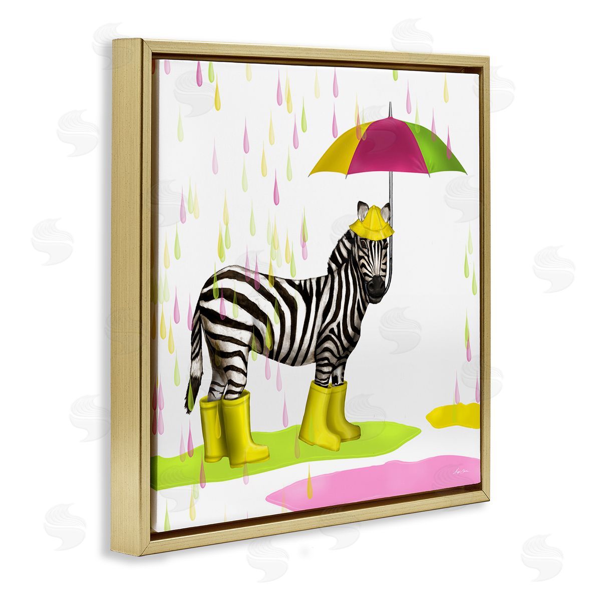 Hugo Edwins Rainy Day Zebra Umbrella Pink Green Paint Rain Gold Floating Frame Canvas Wall Art Print