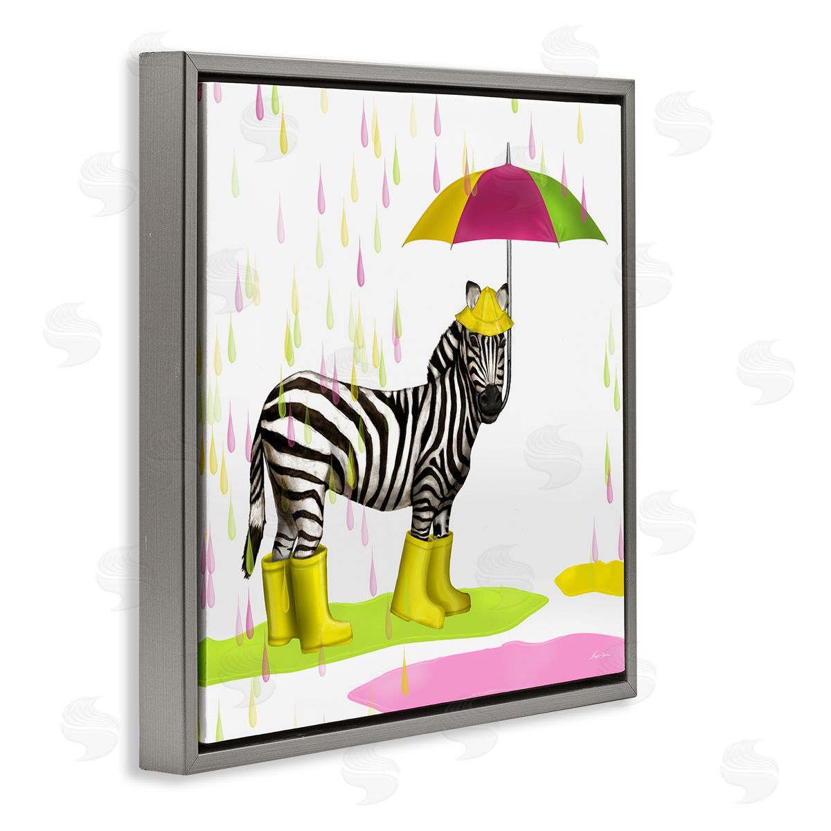 Hugo Edwins Rainy Day Zebra Umbrella Pink Green Paint Rain Gray Floating Frame Canvas Wall Art Print