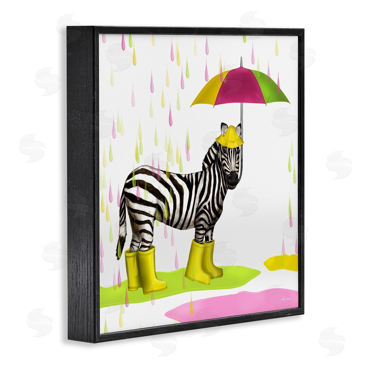 Hugo Edwins Rainy Day Zebra Umbrella Pink Green Paint Rain Black Framed Glicee Wall Art Print