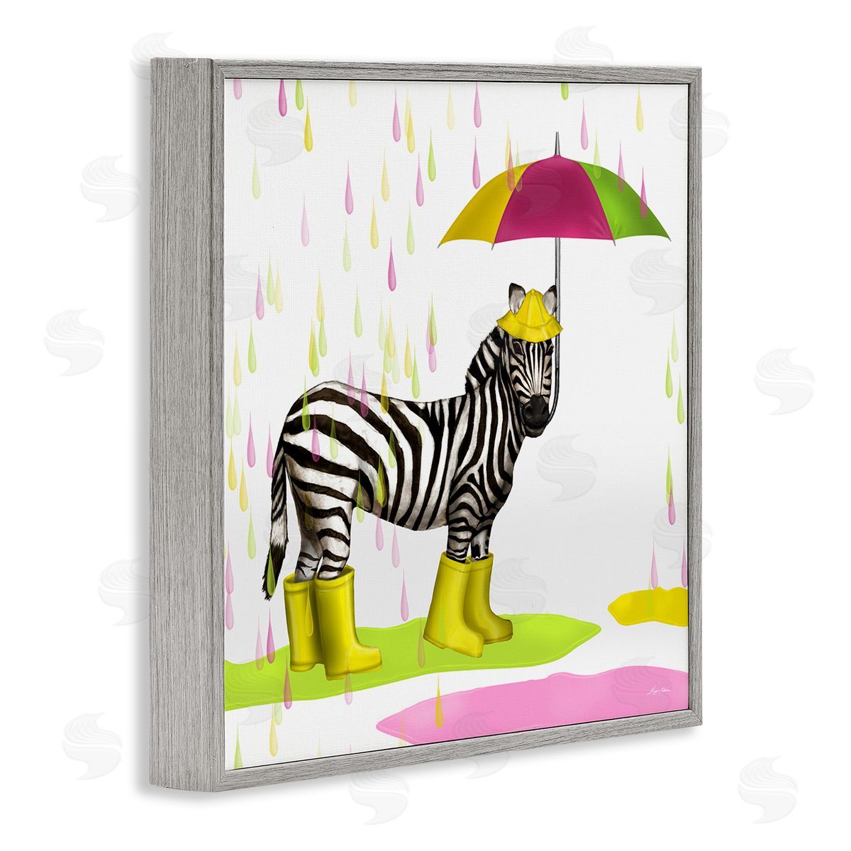 Hugo Edwins Rainy Day Zebra Umbrella Pink Green Paint Rain Gray Framed Glicee Wall Art Print
