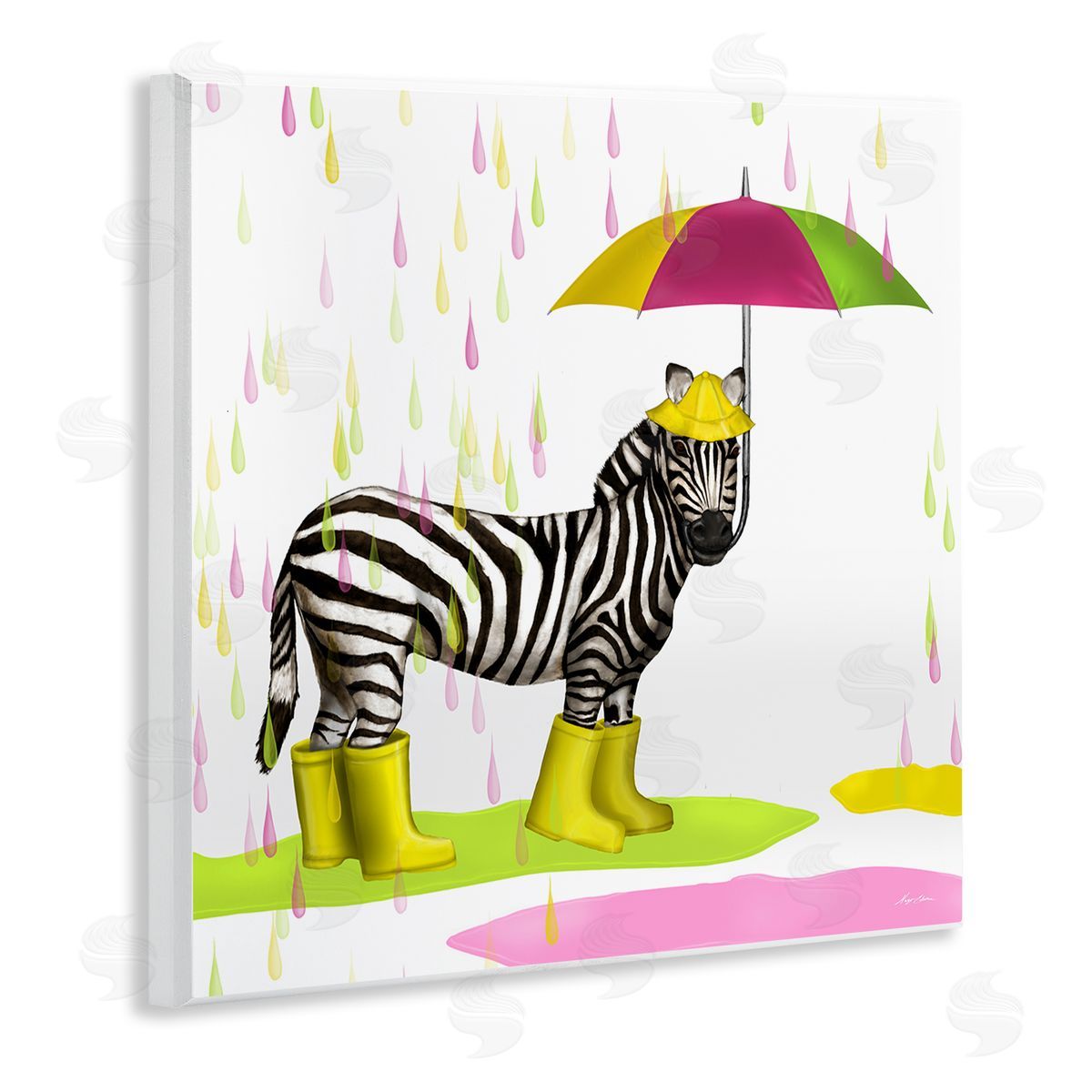 Hugo Edwins Rainy Day Zebra Umbrella Pink Green Paint Rain Wooden Wall Plaque Art Print
