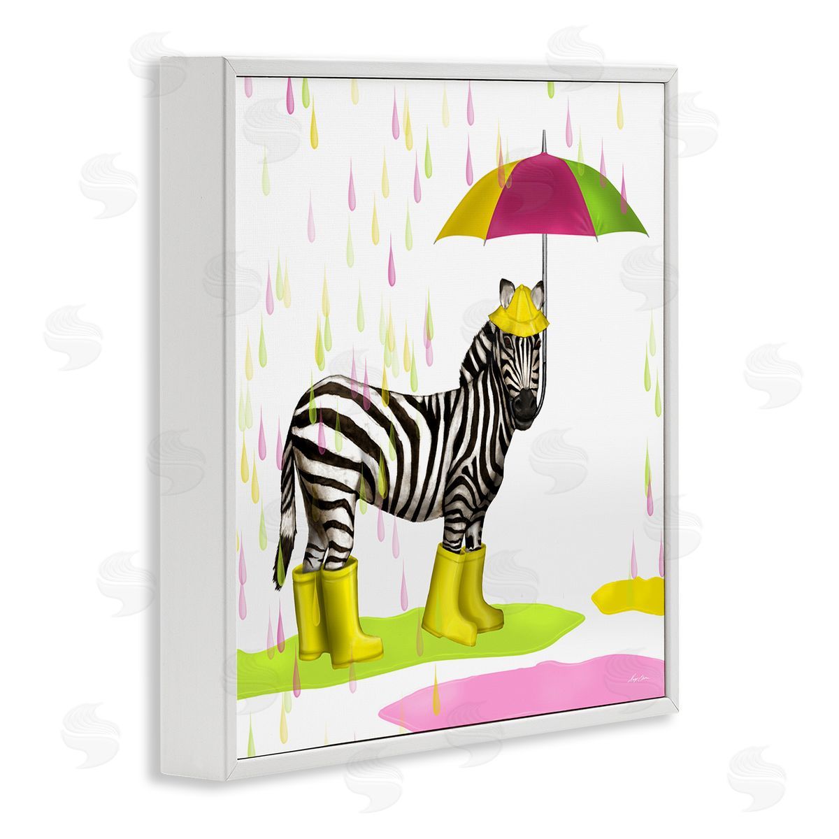 Hugo Edwins Rainy Day Zebra Umbrella Pink Green Paint Rain White Framed Glicee Wall Art Print