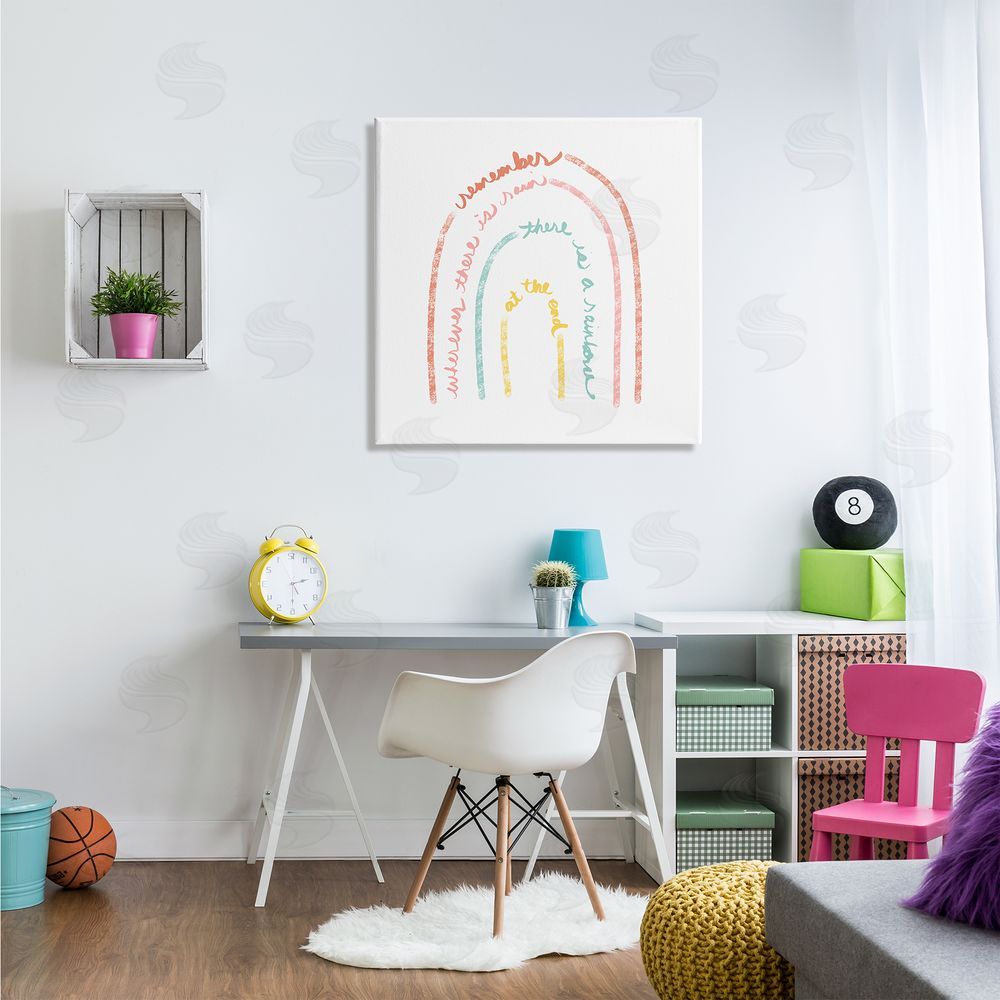 Anna Quach Remember Where There Is Rain Phrase Text Rainbow Canvas Wall Art in Room