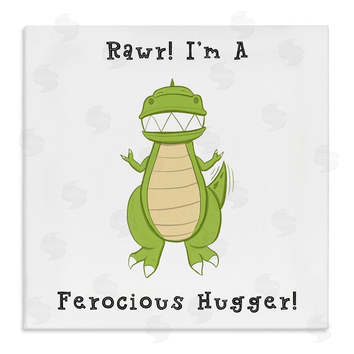 Hugo Edwins Rawr Ferocious Hugger Happy Green Dinosaur Smiling T-Rex Stretched Canvas Wall Art Print