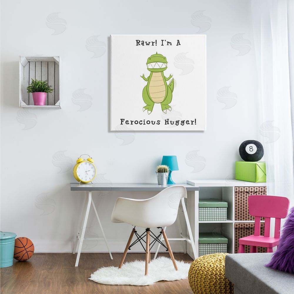 Hugo Edwins Rawr Ferocious Hugger Happy Green Dinosaur Smiling T-Rex Canvas Wall Art in Room