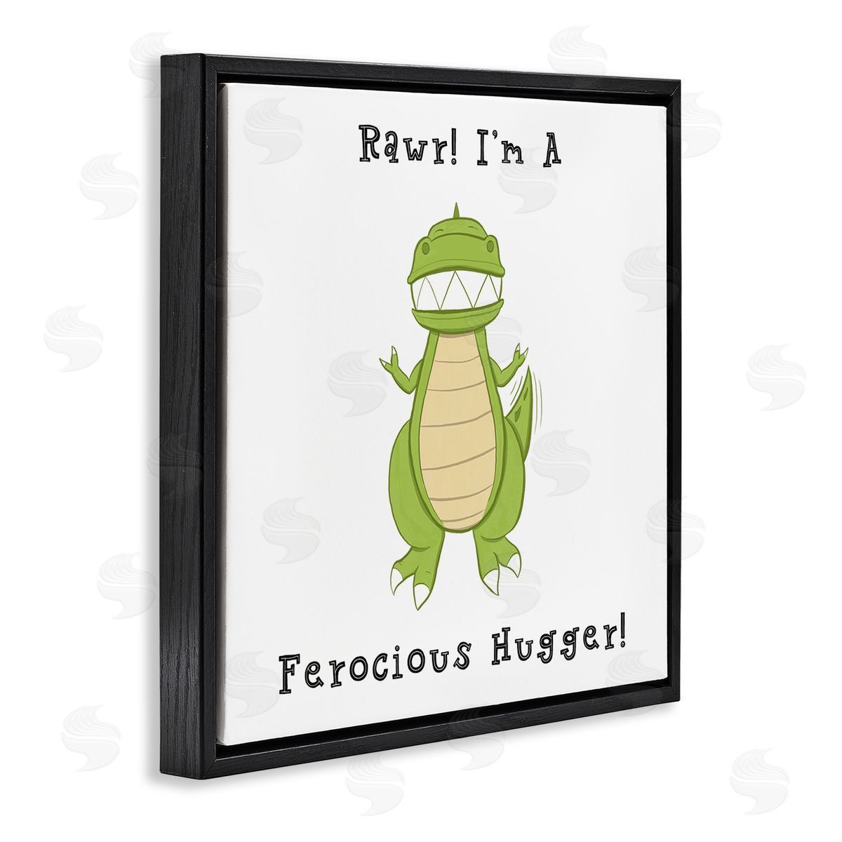 Hugo Edwins Rawr Ferocious Hugger Happy Green Dinosaur Smiling T-Rex Black Floating Frame Canvas Wall Art Print