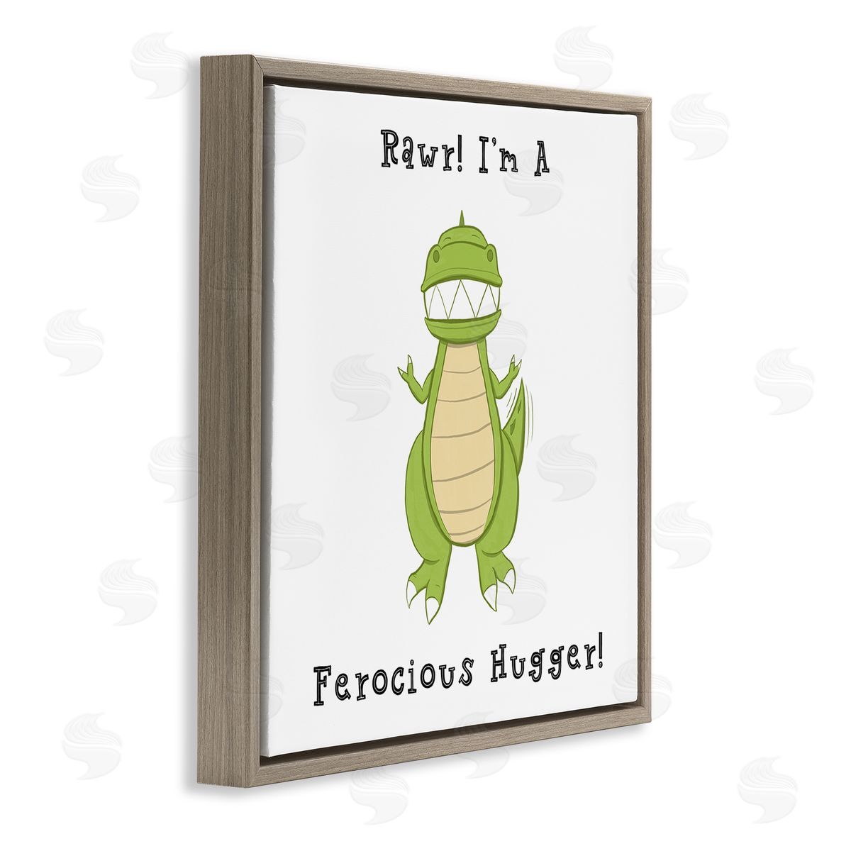 Hugo Edwins Rawr Ferocious Hugger Happy Green Dinosaur Smiling T-Rex Brown Floating Frame Canvas Wall Art Print
