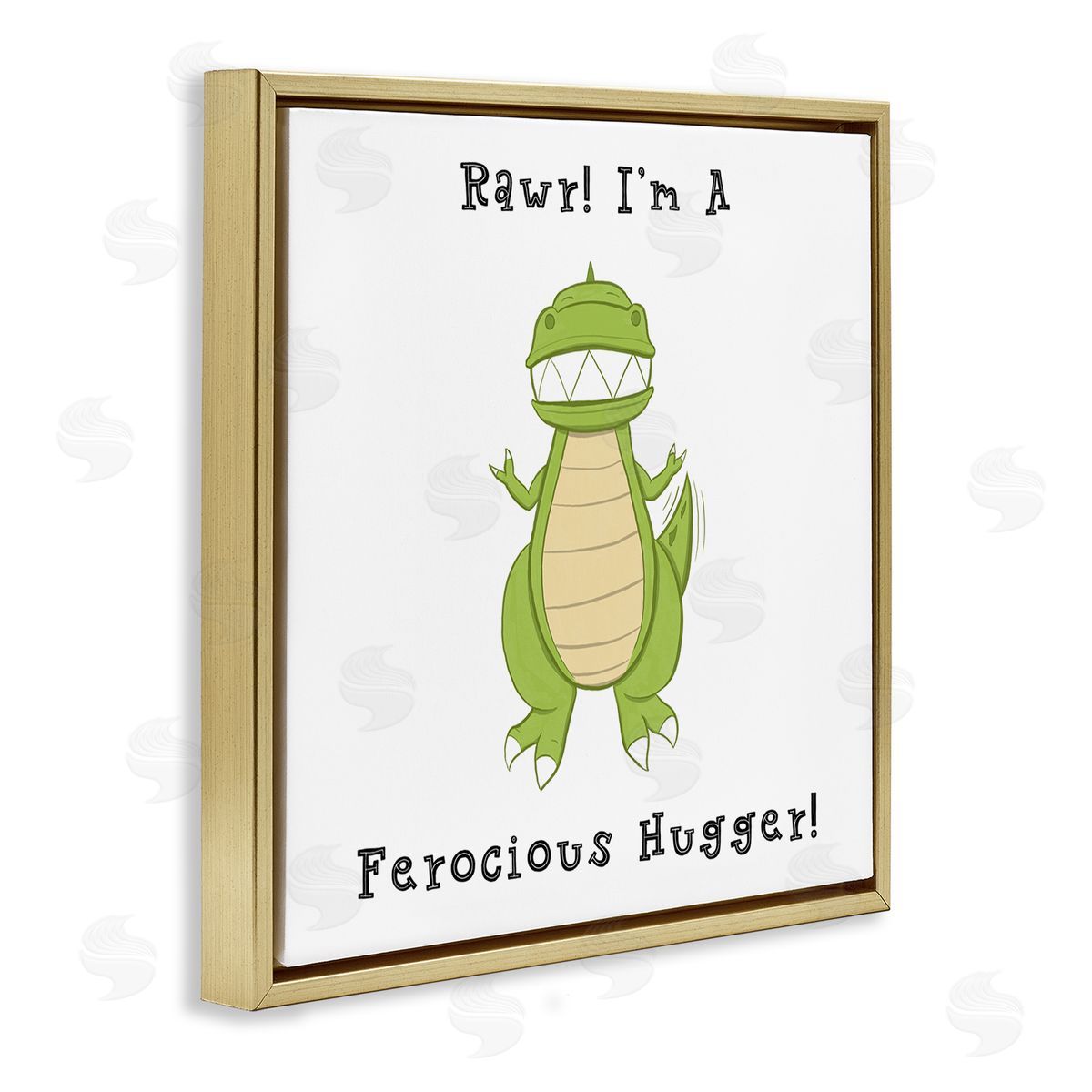 Hugo Edwins Rawr Ferocious Hugger Happy Green Dinosaur Smiling T-Rex Gold Floating Frame Canvas Wall Art Print