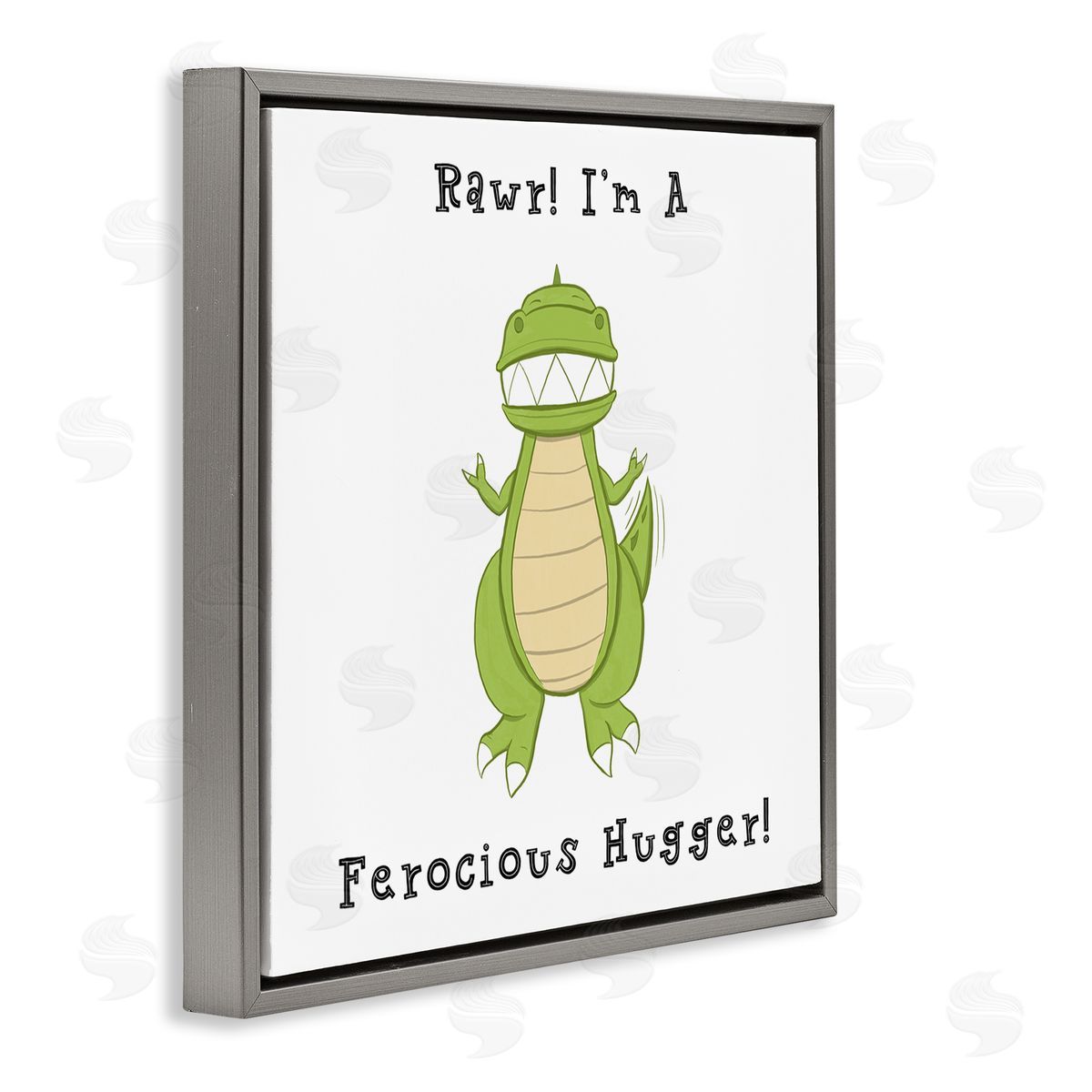 Hugo Edwins Rawr Ferocious Hugger Happy Green Dinosaur Smiling T-Rex Gray Floating Frame Canvas Wall Art Print