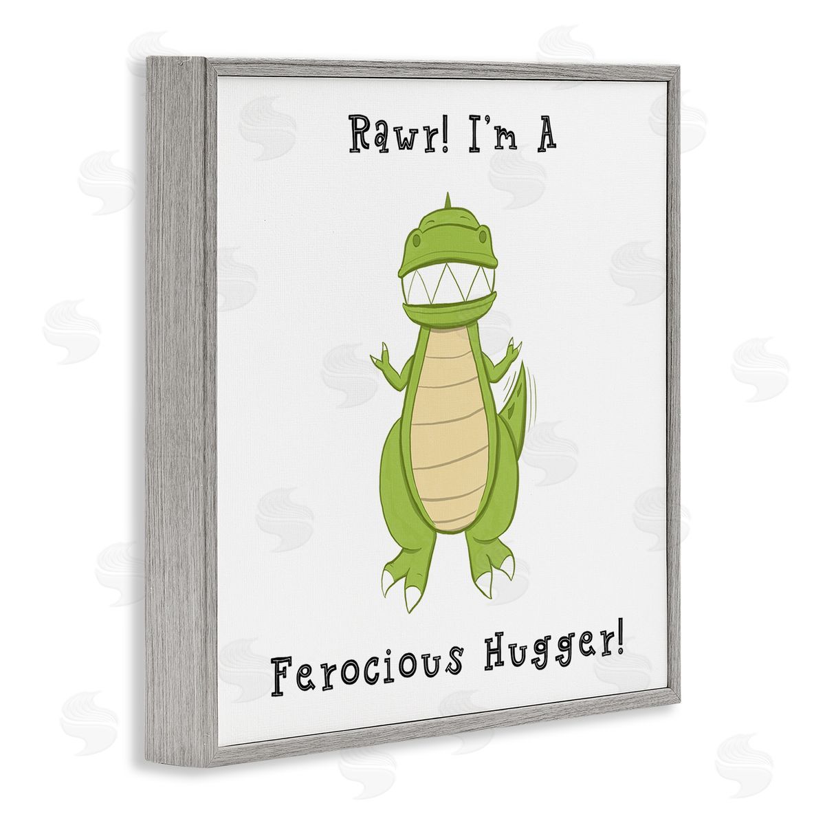 Hugo Edwins Rawr Ferocious Hugger Happy Green Dinosaur Smiling T-Rex Gray Framed Glicee Wall Art Print