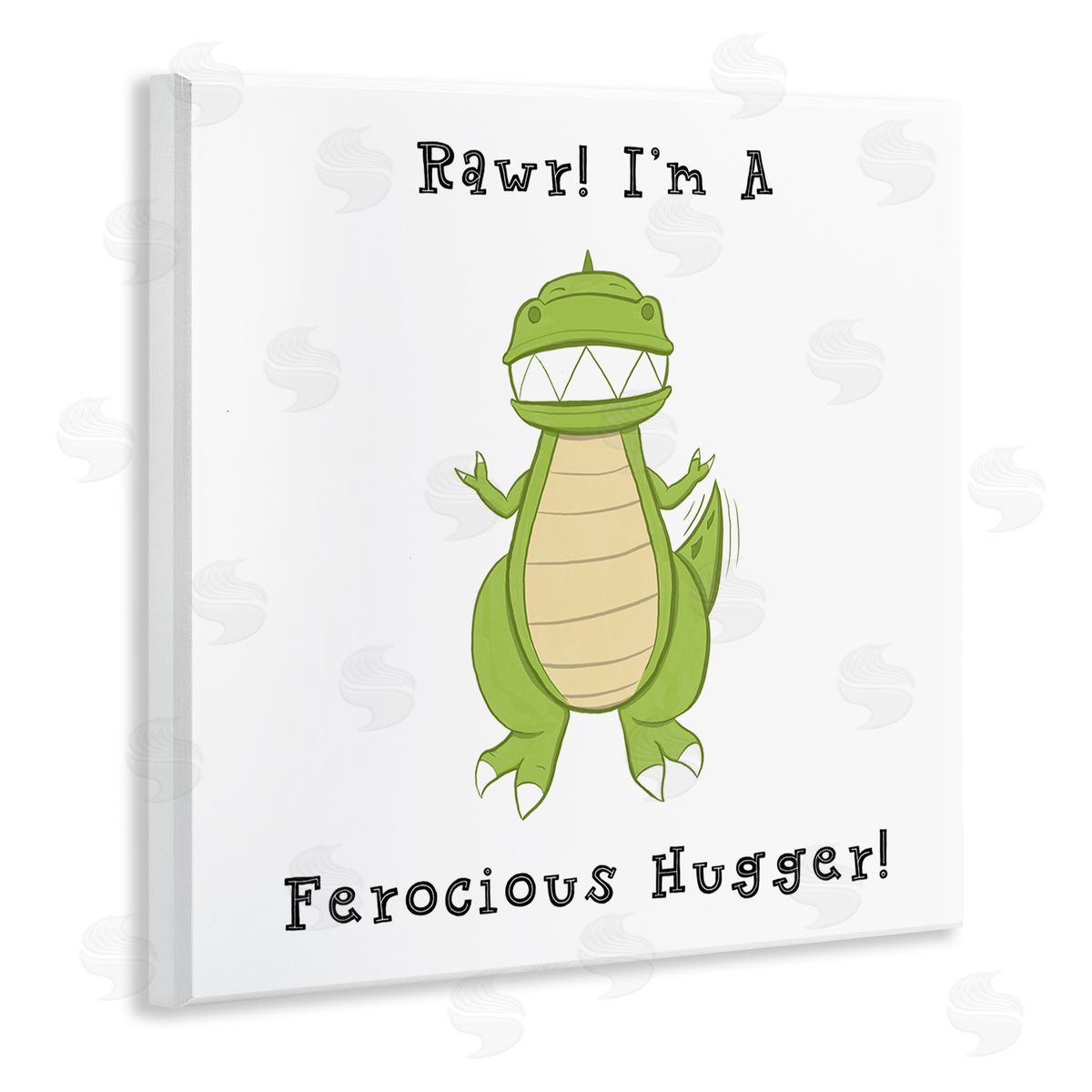 Hugo Edwins Rawr Ferocious Hugger Happy Green Dinosaur Smiling T-Rex Wooden Wall Plaque Art Print