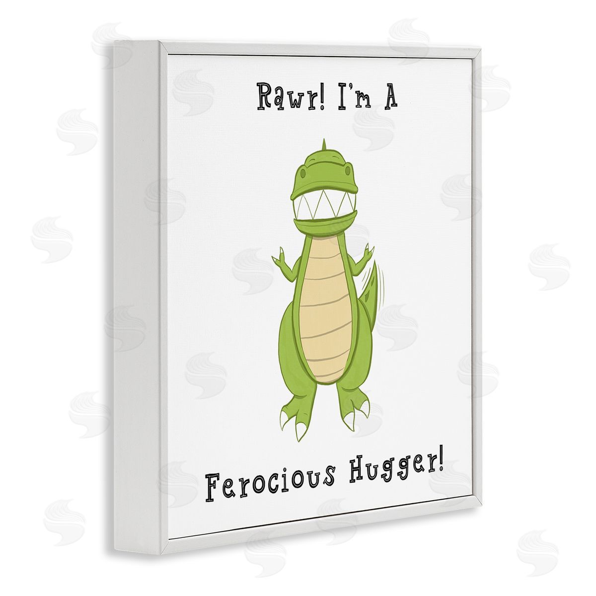 Hugo Edwins Rawr Ferocious Hugger Happy Green Dinosaur Smiling T-Rex White Framed Glicee Wall Art Print