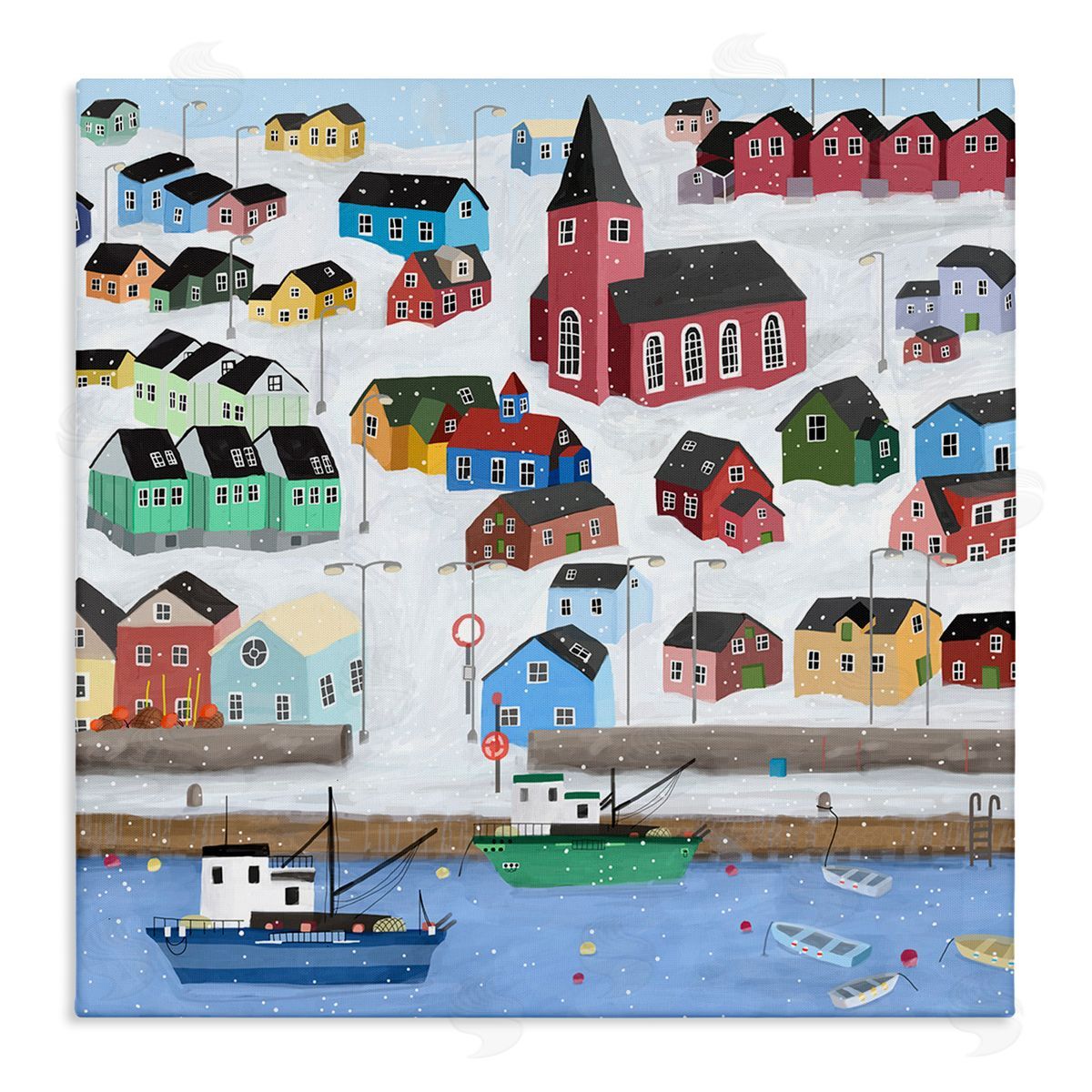 Carla Daly Greenland Winter Harbor Cityscape Snowy Landscape Stretched Canvas Wall Art Print