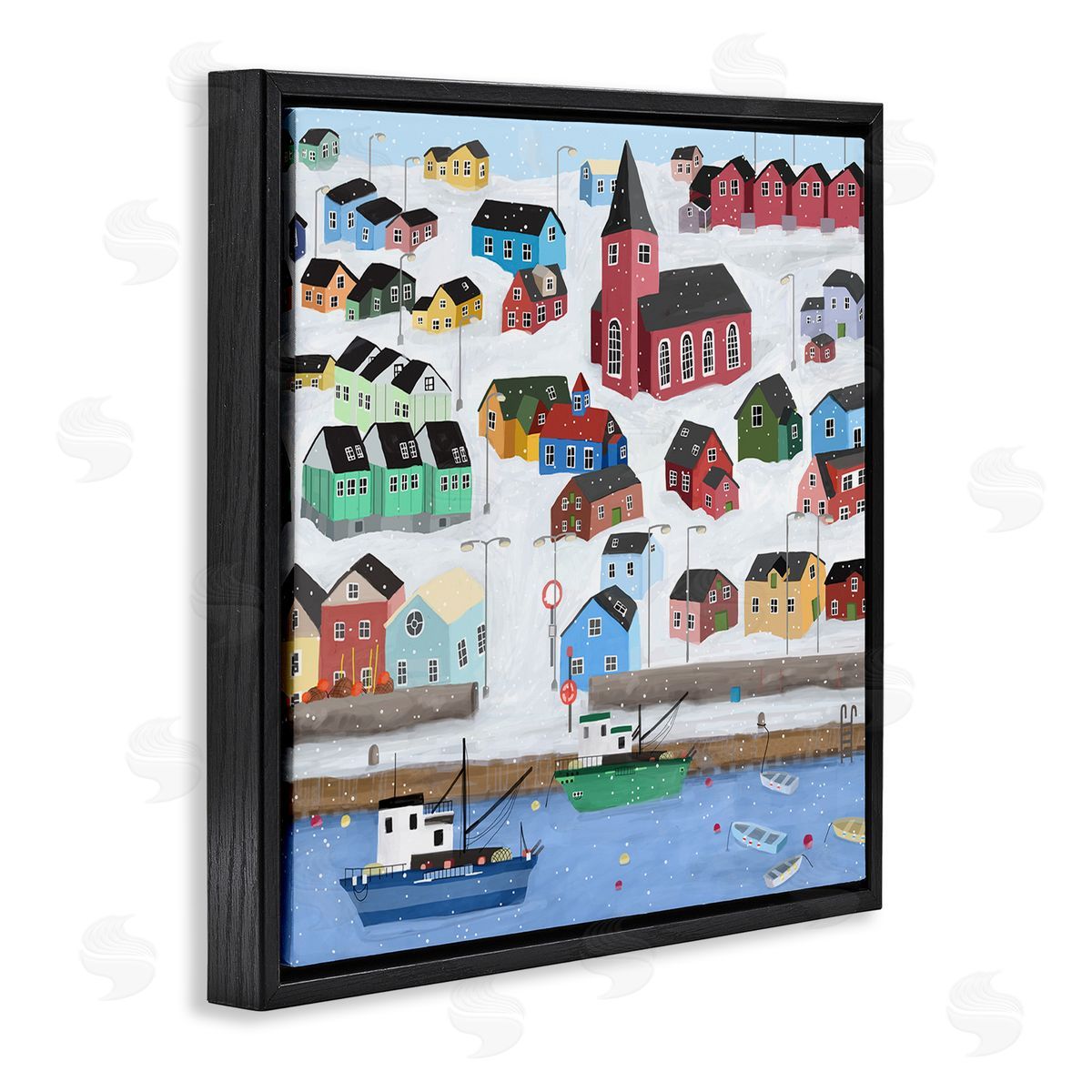 Carla Daly Greenland Winter Harbor Cityscape Snowy Landscape Black Floating Frame Canvas Wall Art Print